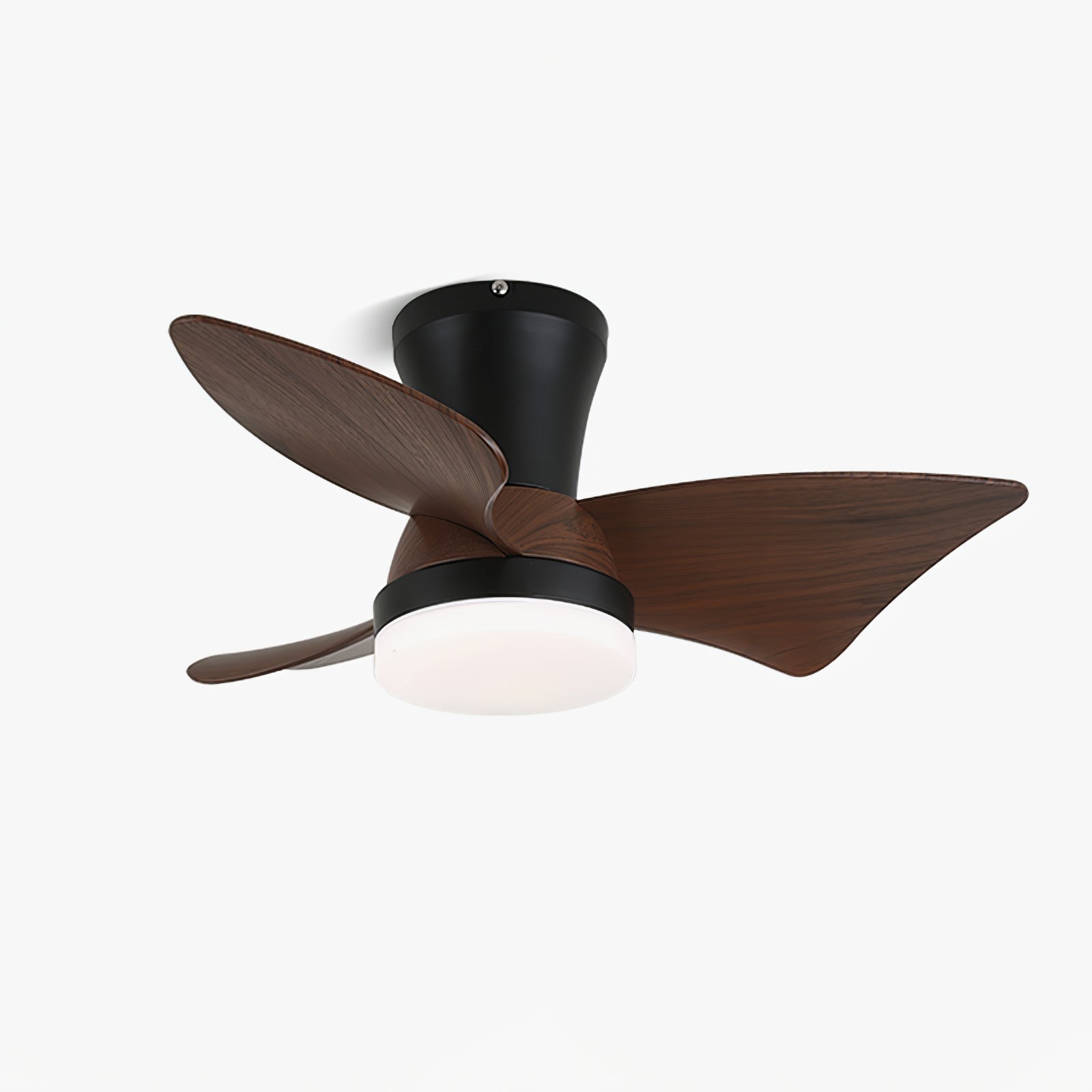 Ventilatore da soffitto Luvora minimalista in legno con luce, vista frontale