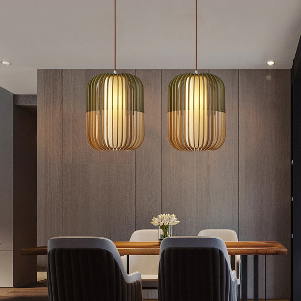 Muto Moderne LED Gabbia Lampade a Sospensione Legno Tessuto Oro Soggiorno/Camera da Letto
