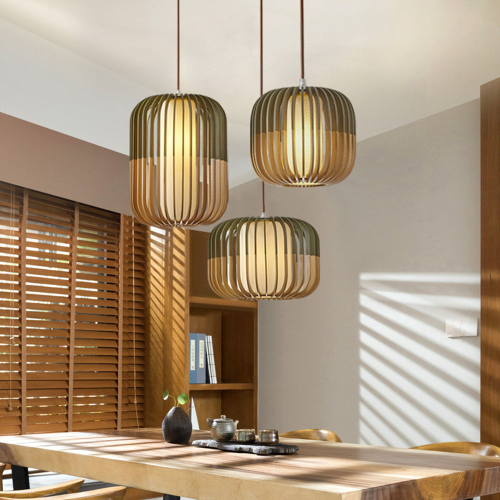 Muto Moderne LED Gabbia Lampade a Sospensione Legno Tessuto Oro Soggiorno/Camera da Letto