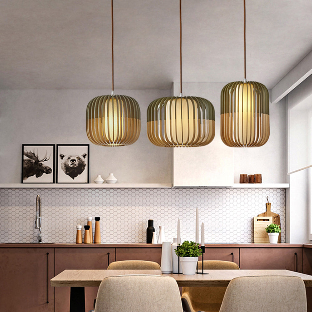 Muto Moderne LED Gabbia Lampade a Sospensione Legno Tessuto Oro Soggiorno/Camera da Letto
