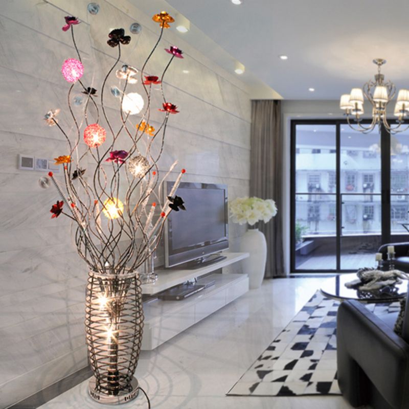 Arisha Bellissimo LED Lampade da Terra Arte Deco Fiore Vaso Metallo Argento Soggiorno/Camera da Letto