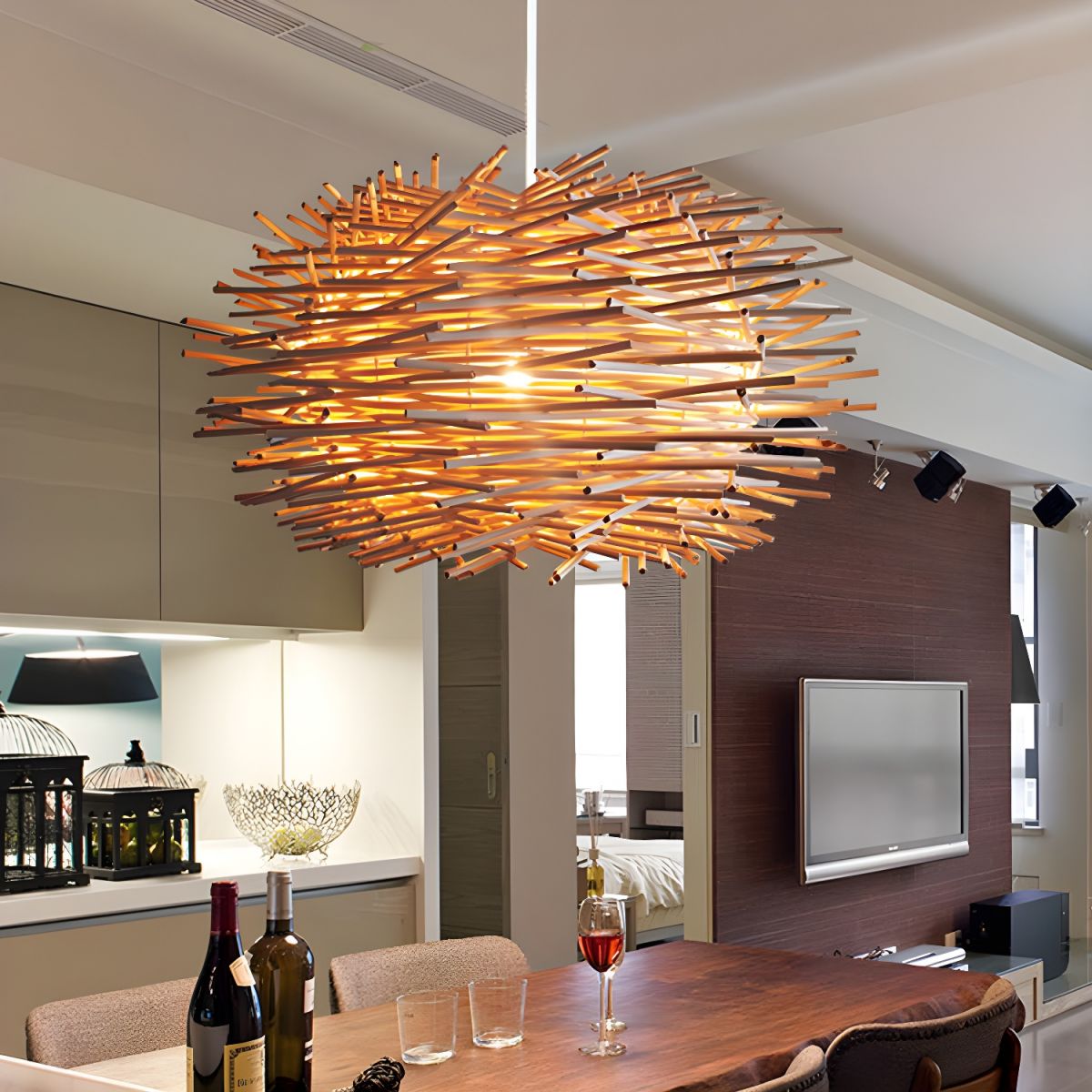 Muto Nido Uccelli Legno Rattan Lampade a Sospensione Marrone Legno