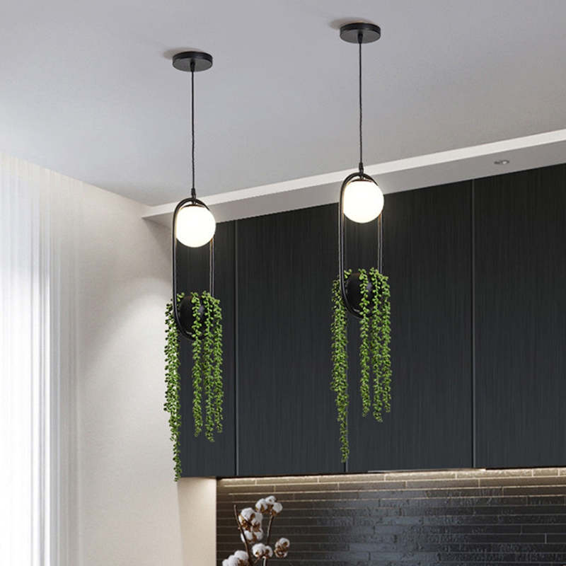 Ritta Modern LED Lampada a Sospensione Metallo Nero/Verde Vaso Palla Pianta Naturale