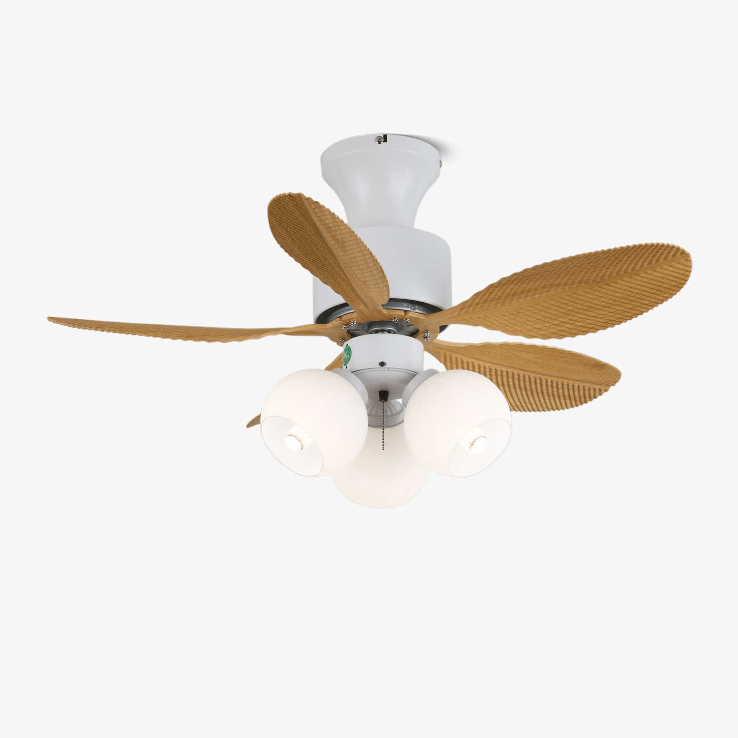 Ventilatore da soffitto Althea vintage in legno con luce, vista frontale