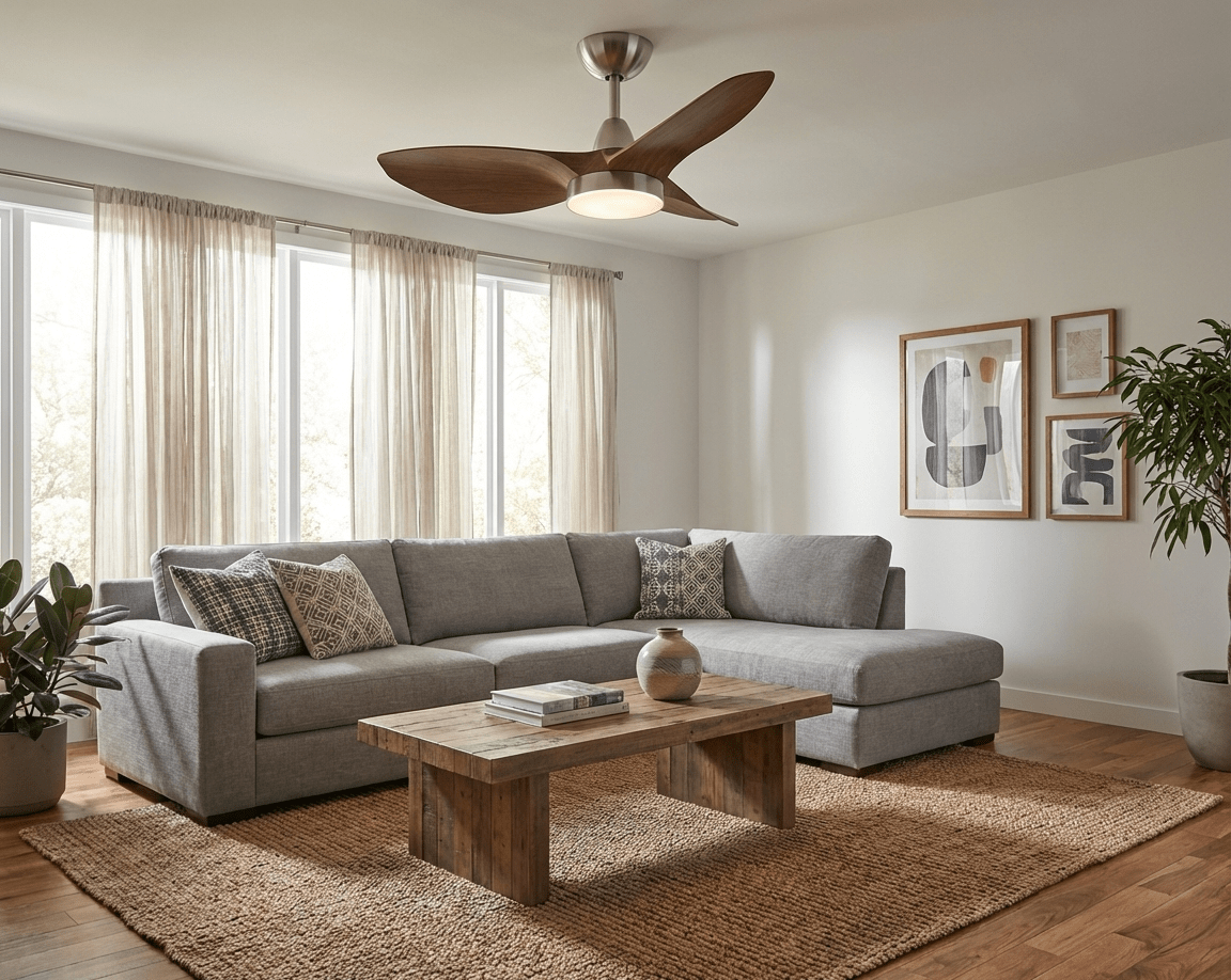 Dettaglio del motore in rame puro e del cablaggio del ventilatore da soffitto Soren con luce