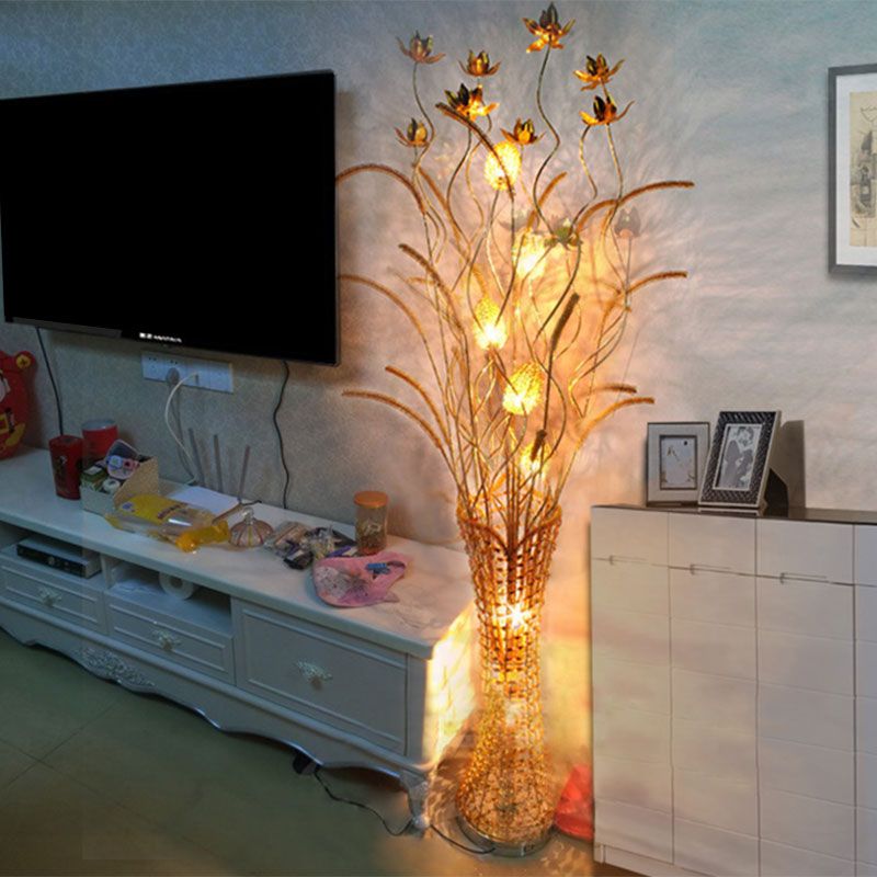 Arisha Design LED Lampade da Terra Arte Deco Vaso Fiore Oro Lusso Metallo Soggiorno/Camera da Letto