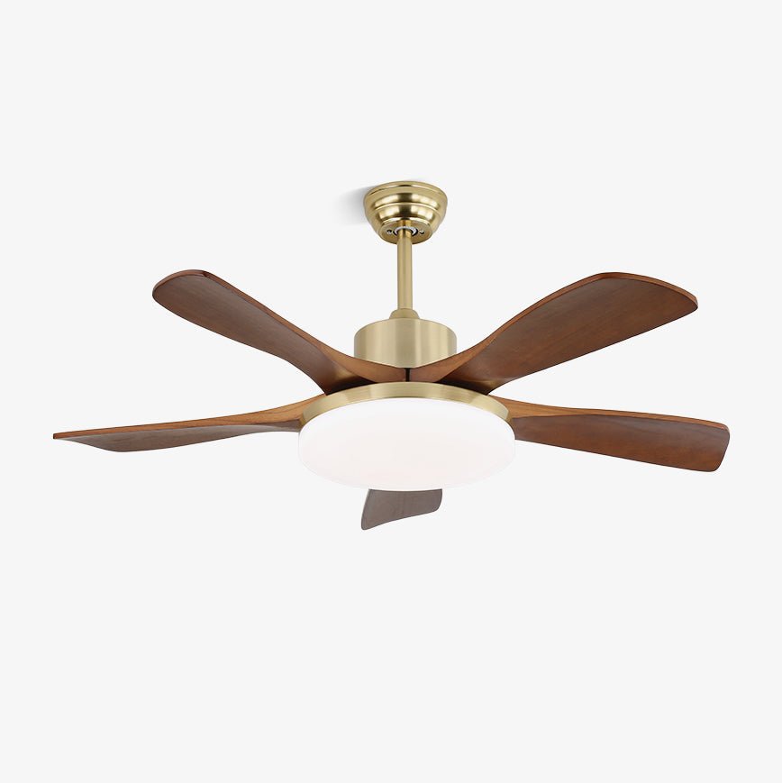 Ventilatore da soffitto Elara moderno in ottone e legno con luce