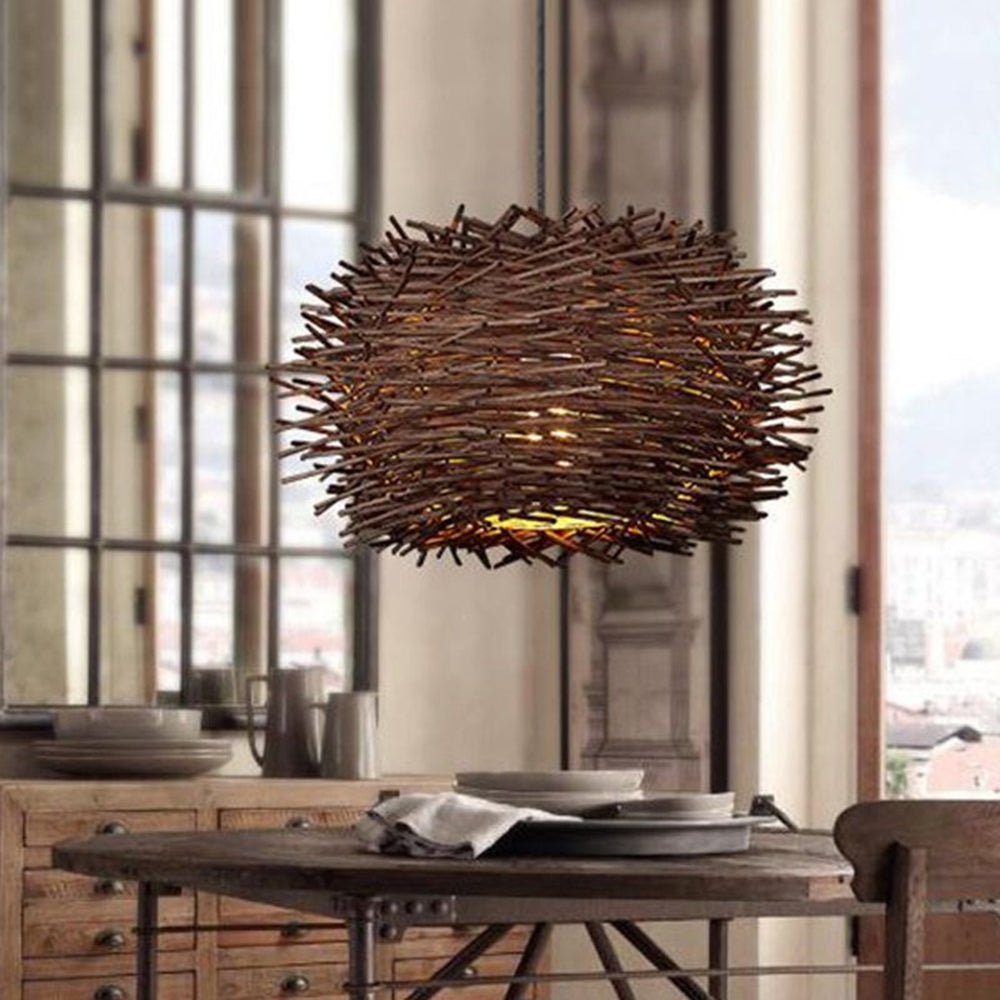 Muto Nido Uccelli Legno Rattan Lampade a Sospensione Marrone Legno