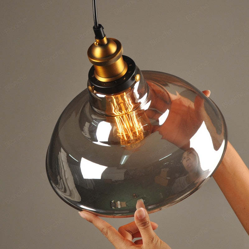 Arisha Industriale LED Lampada a Sospensione Vetro Chiaro/Ambra/Grigio Fumo