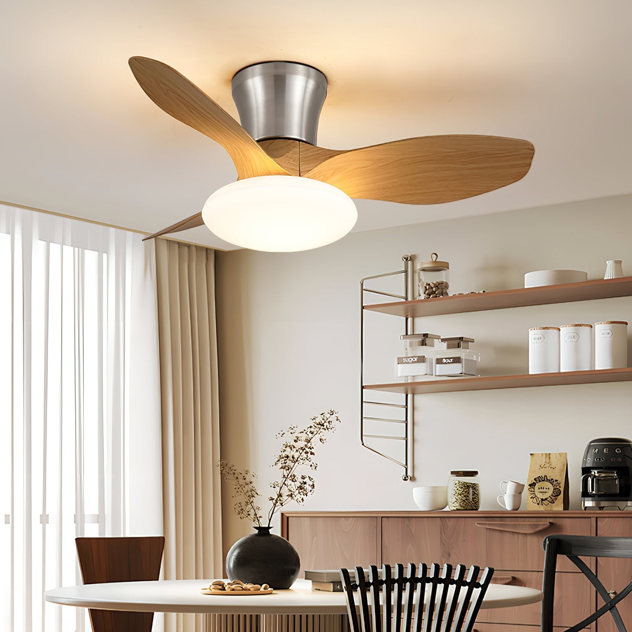 Ventilatore da Soffitto Velora Moderno in Legno con Luce, primo piano della luce LED