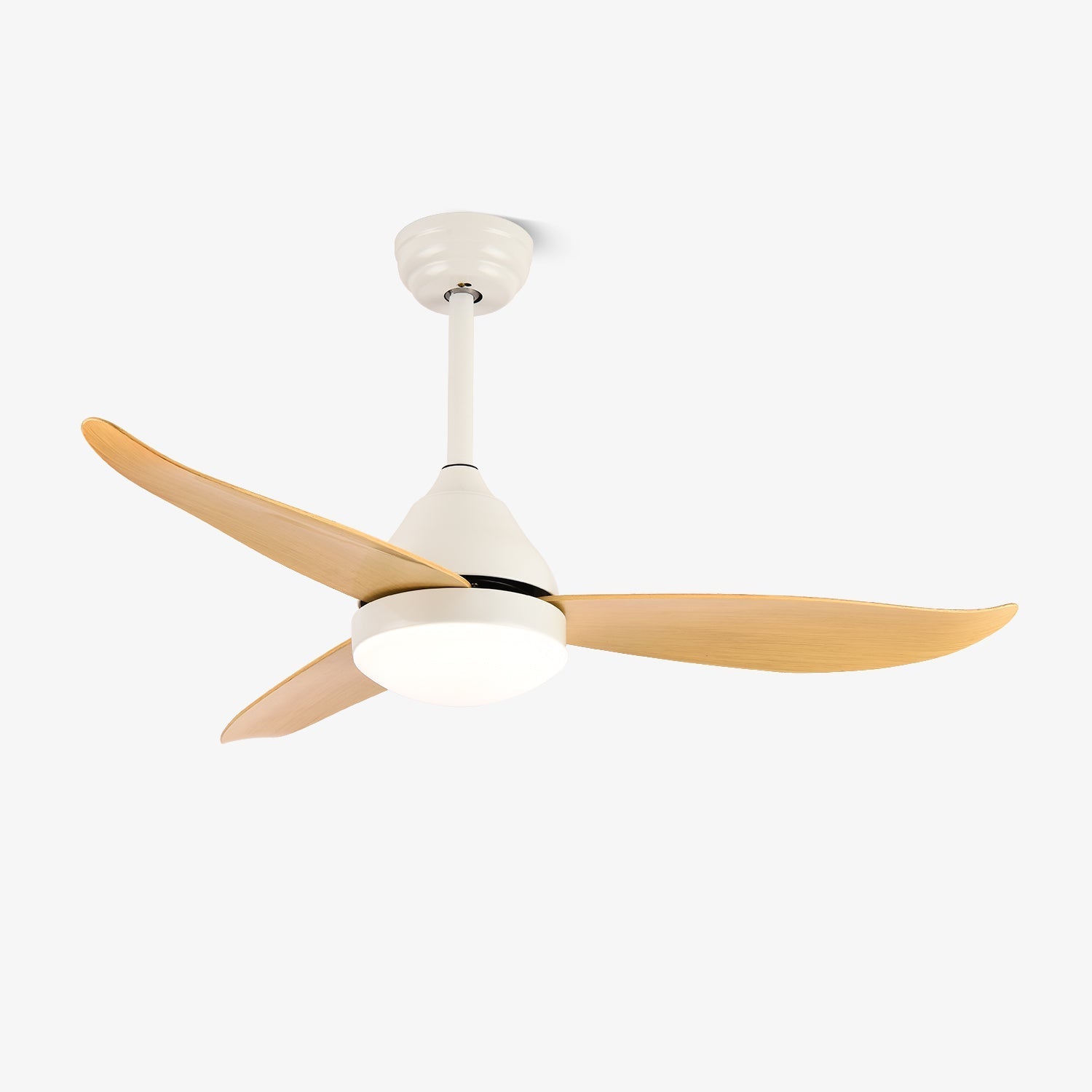 Ventilatore da soffitto Fia moderno in legno con luce, vista generale.