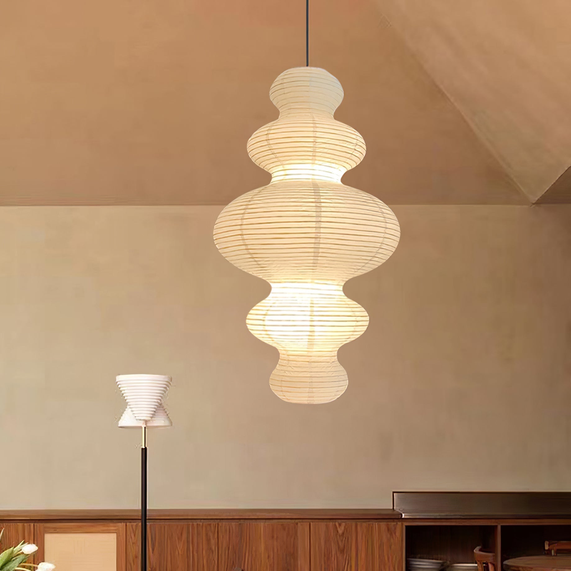 Ritta Lampada a Sospensione Giapponese Scultorea in Carta Plug-In