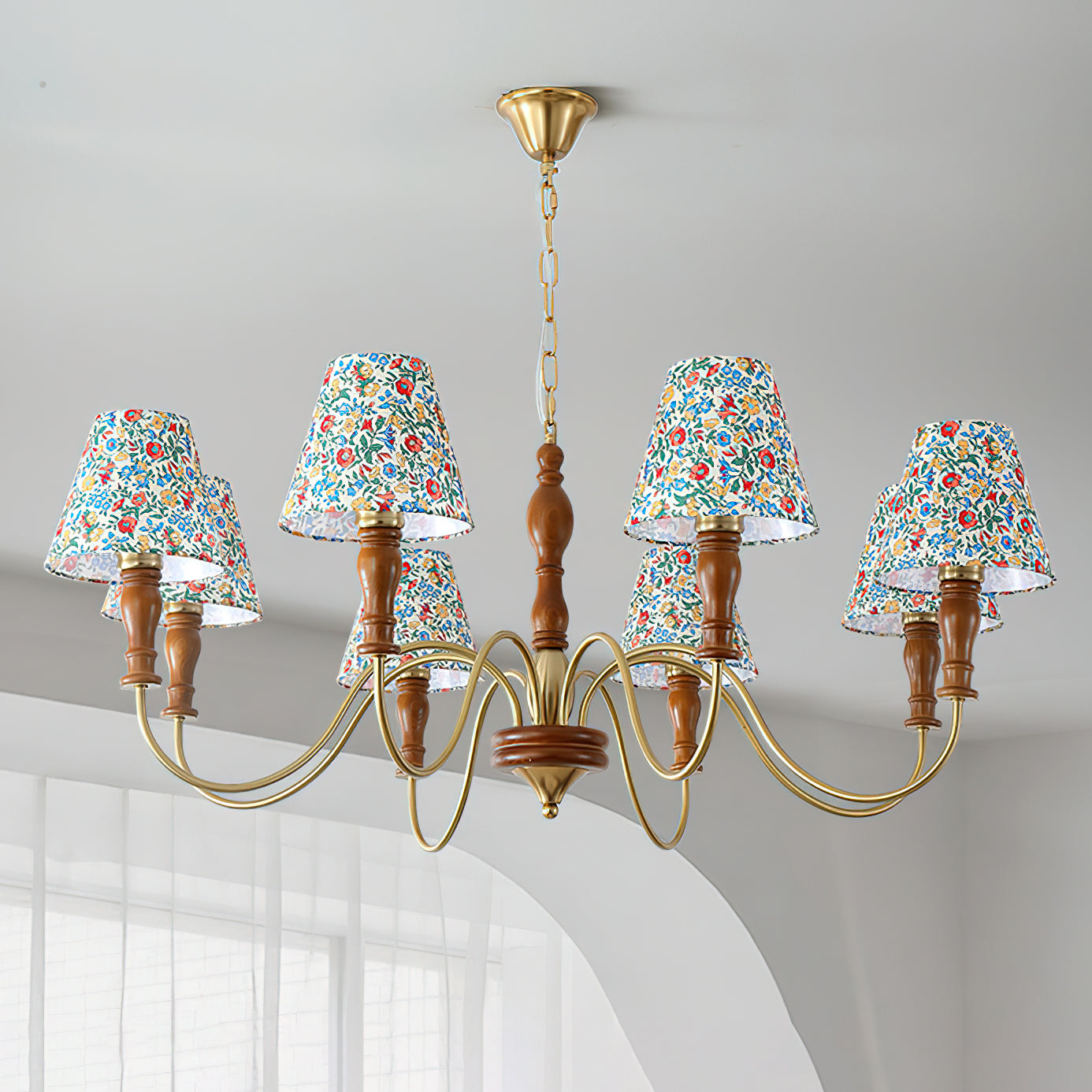 Florinda Floral Fabric Shade Chandelier with Wooden Arms - Letslighting