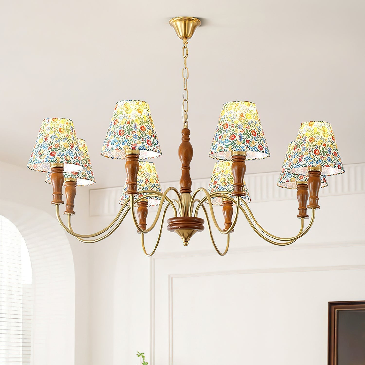 Florinda Floral Fabric Shade Chandelier with Wooden Arms - Letslighting