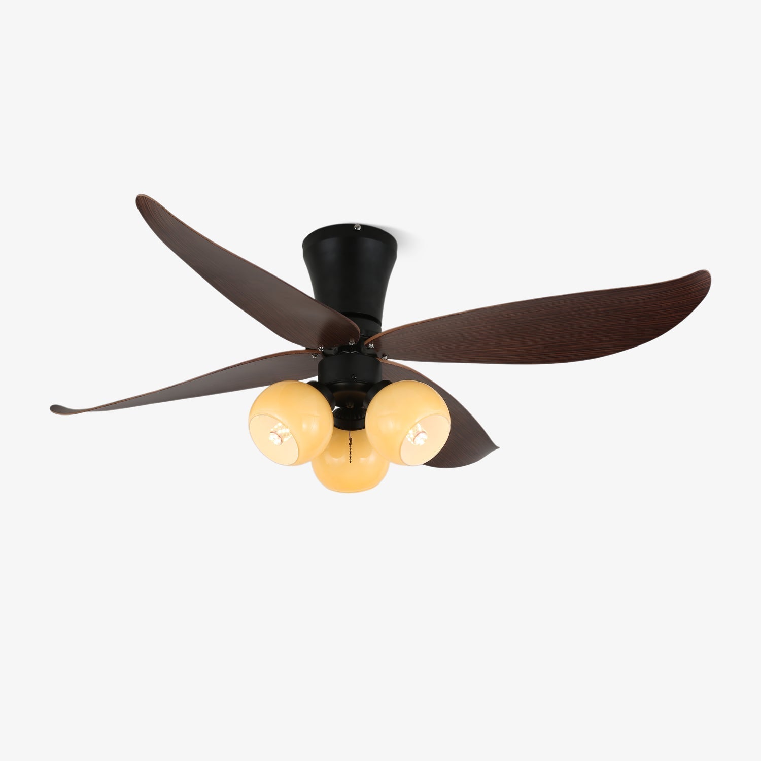 Ventilatore da soffitto Lunair vintage in legno e vetro, vista frontale