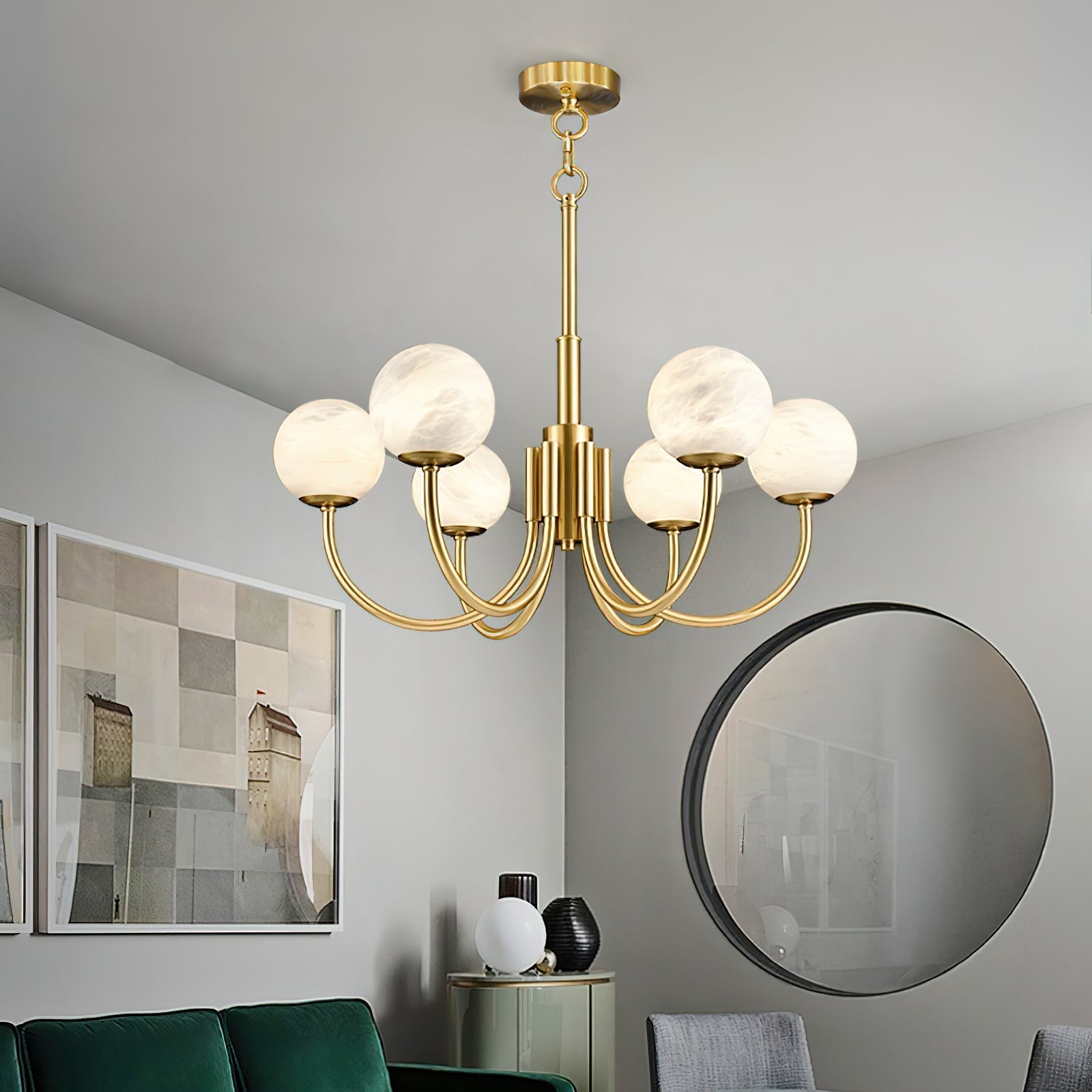 Mjolkuvys Modern Minimalist Globe Brass Alabaster Chandelier - Lamp Copper