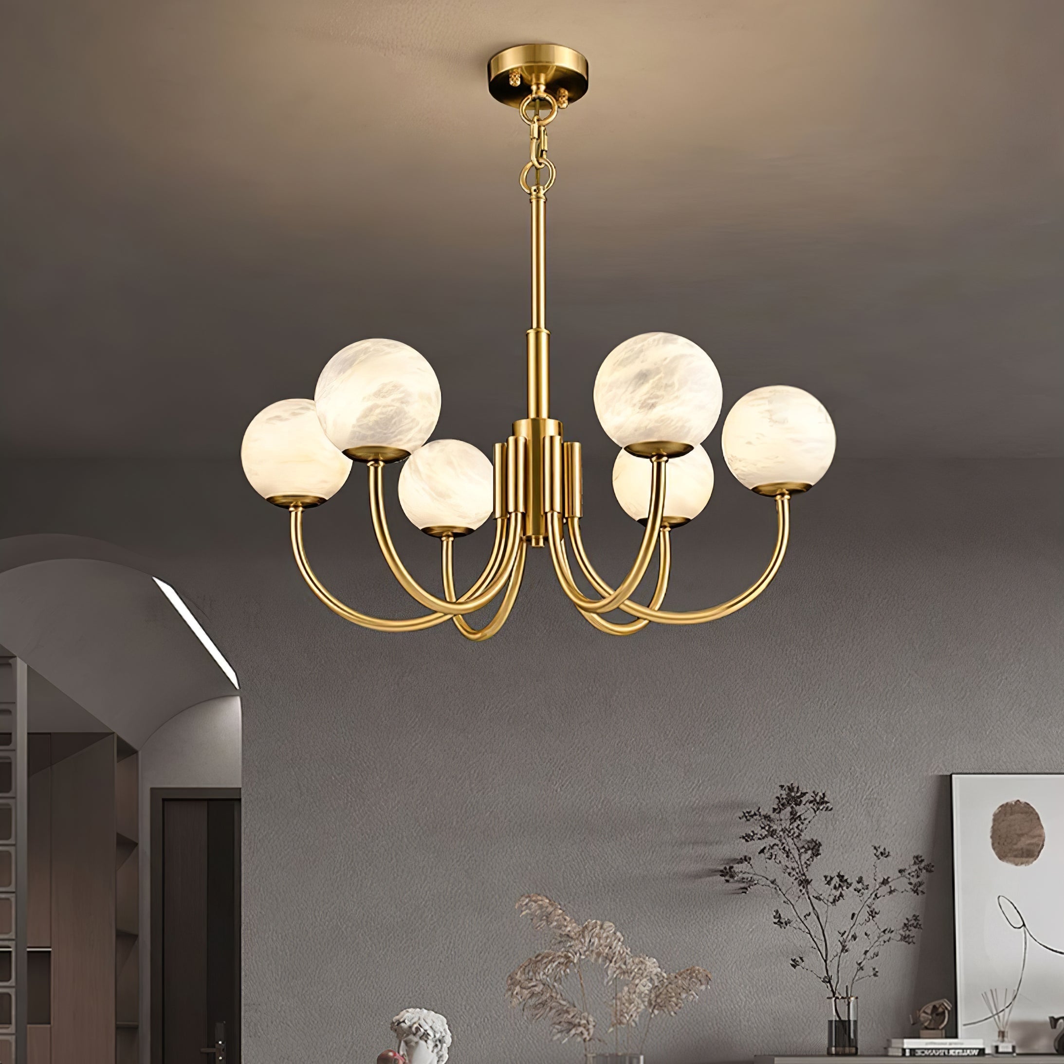 Mjolkuvys Modern Minimalist Globe Brass Alabaster Chandelier - Lamp Copper