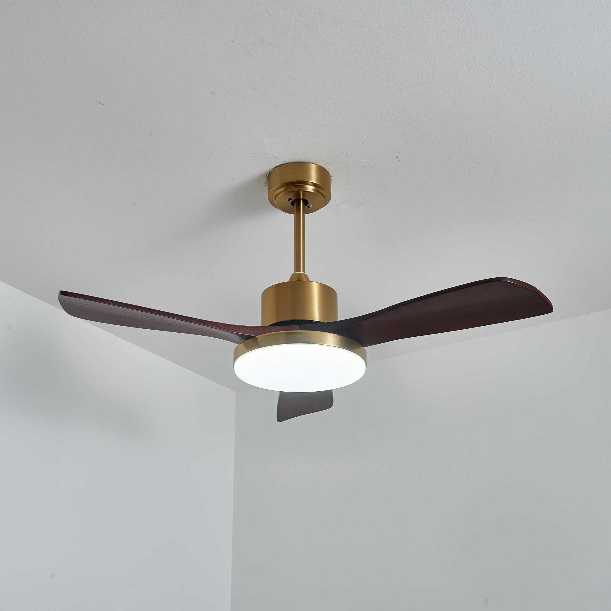 Primo piano della finitura noce del ventilatore da soffitto moderno Xen