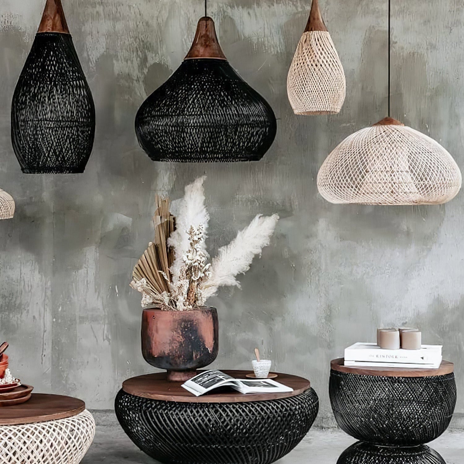 Ritta Lampada a Sospensione in Rattan Intrecciato per Soggiorno