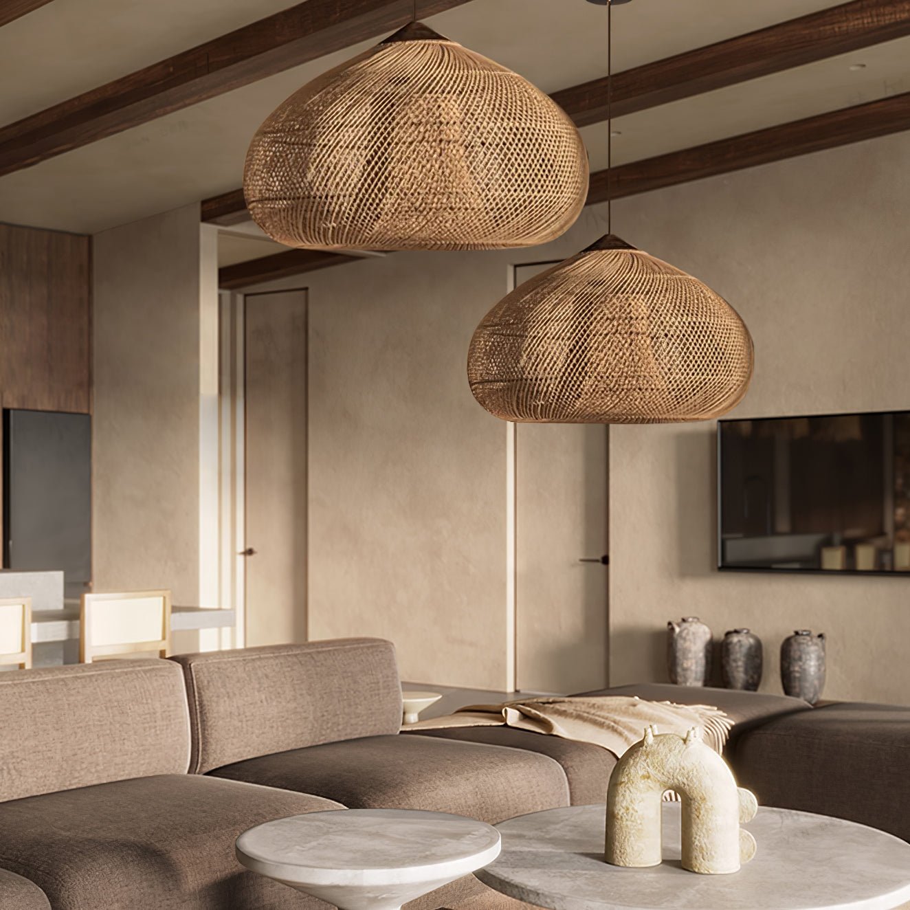 Ritta Lampada a Sospensione in Rattan Intrecciato per Soggiorno