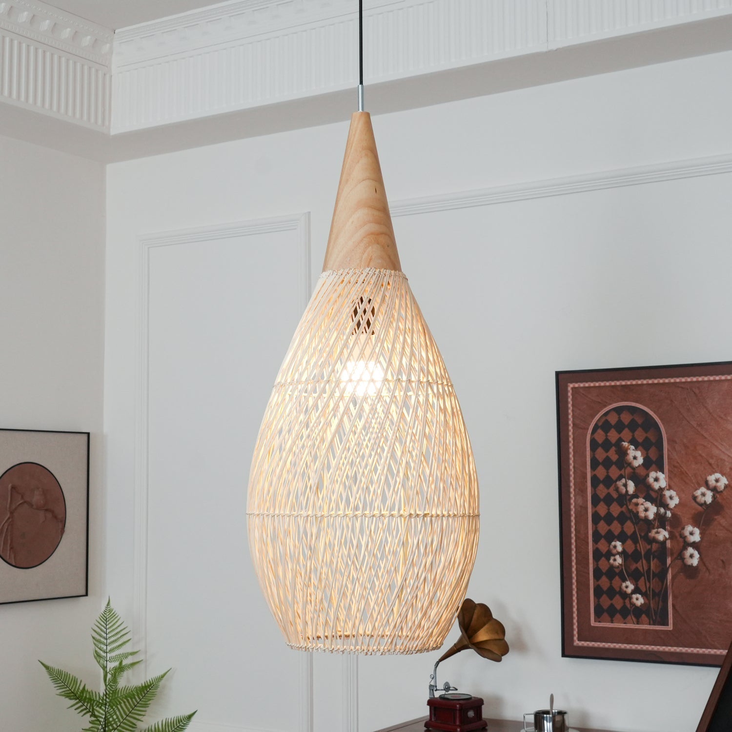 Ritta Lampada a Sospensione in Rattan Intrecciato per Soggiorno