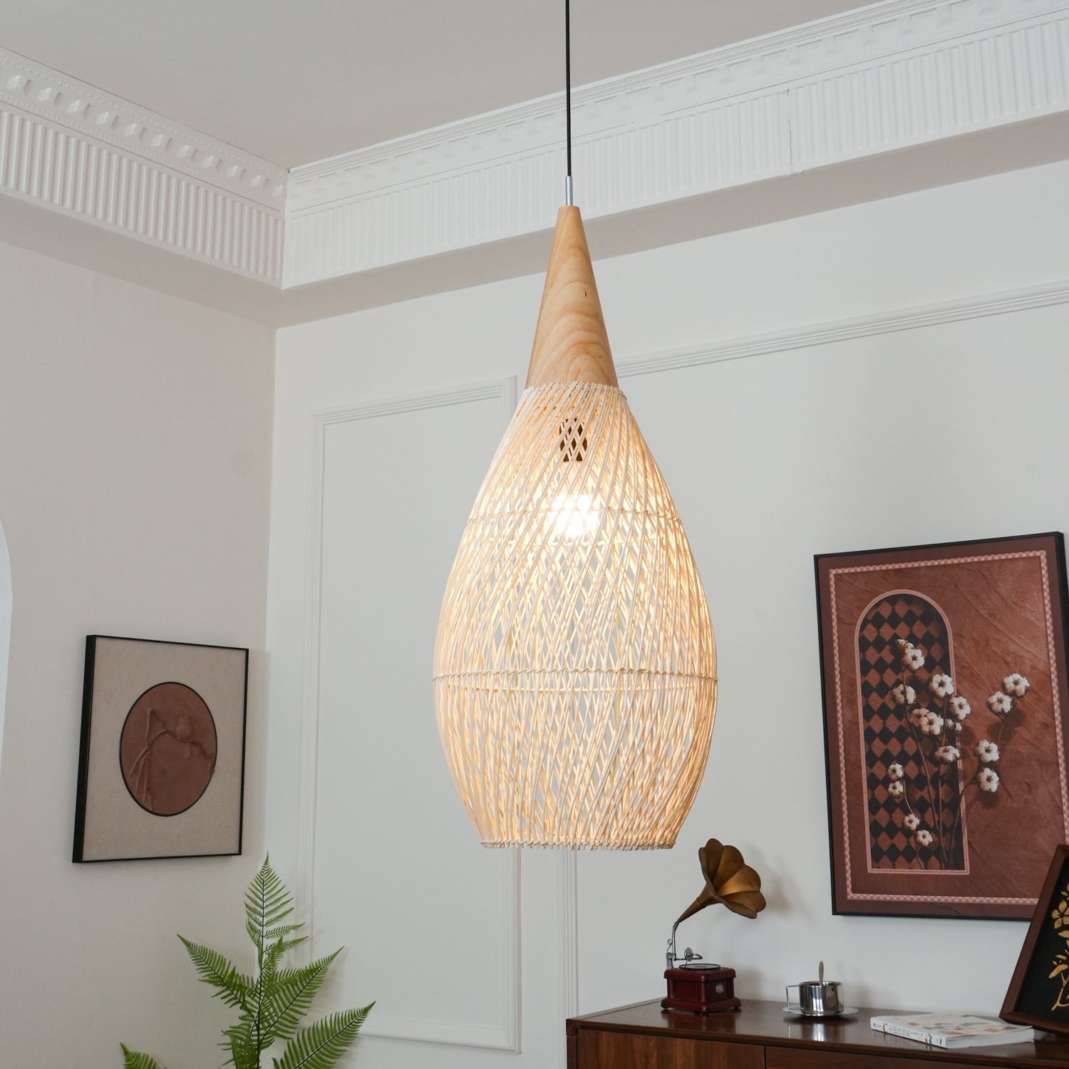 Ritta Lampada a Sospensione in Rattan Intrecciato per Soggiorno