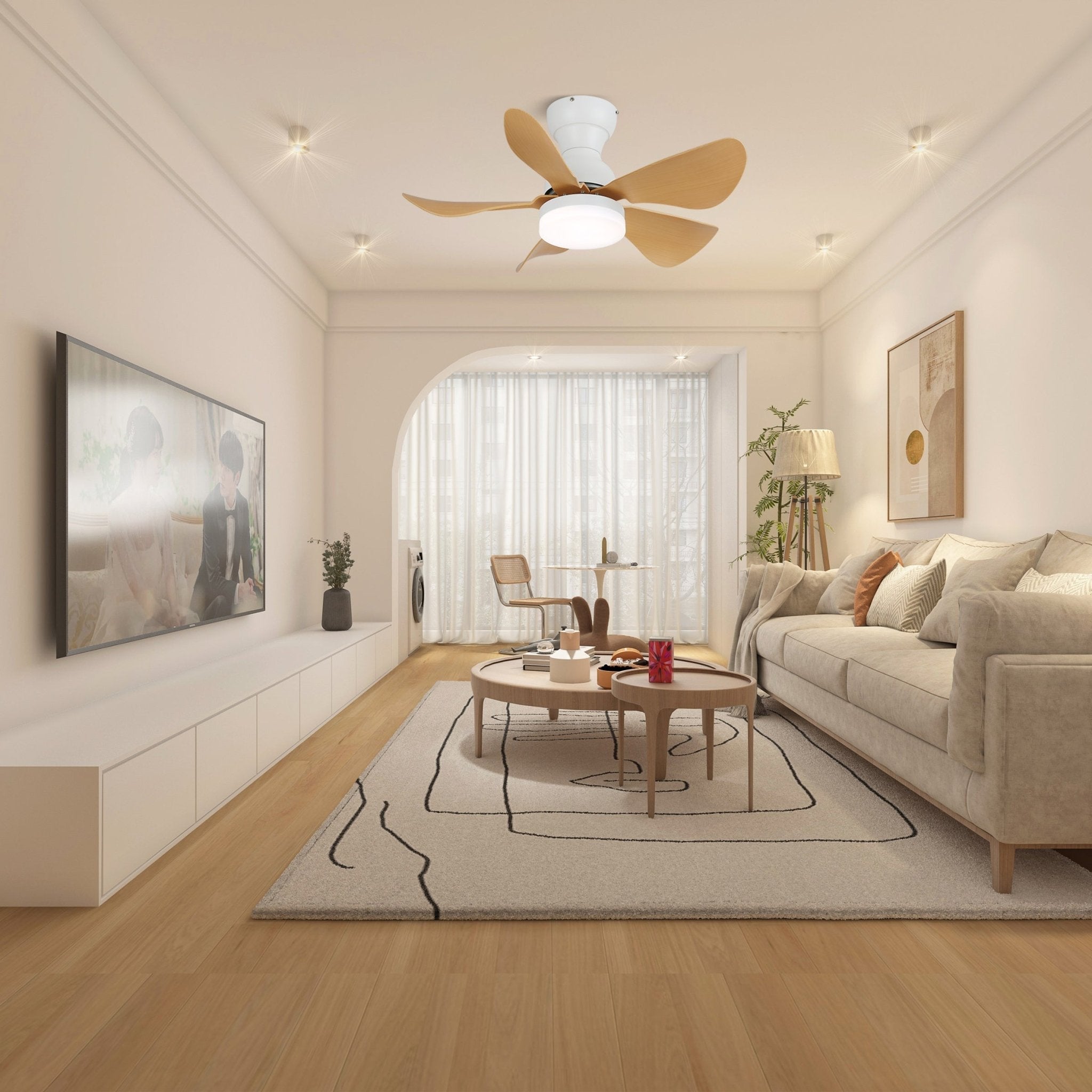 Ventilatore da soffitto Callen con luce effetto legno, primo piano della luce LED integrata