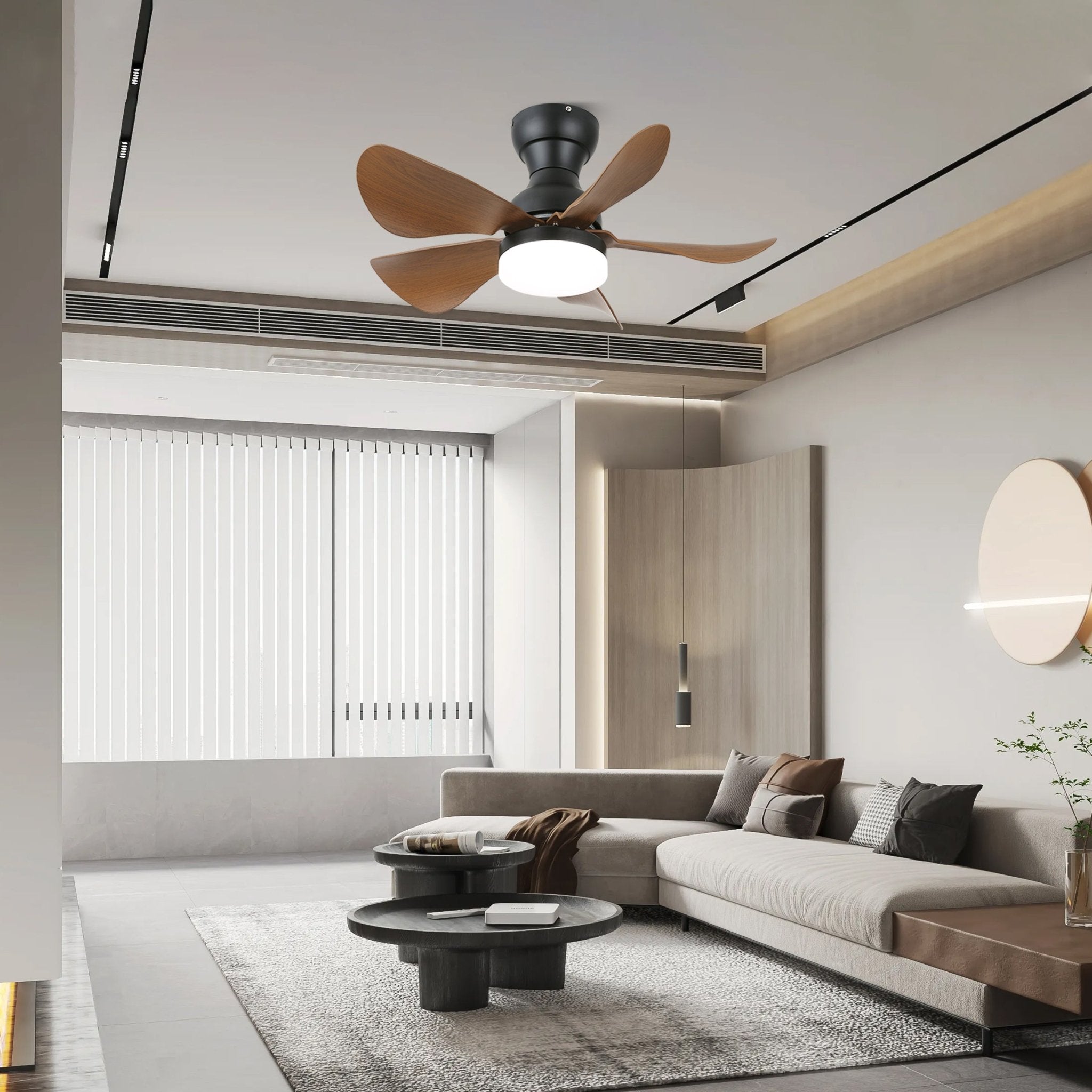 Ventilatore da soffitto Callen con luce effetto legno, in un ambiente soggiorno moderno
