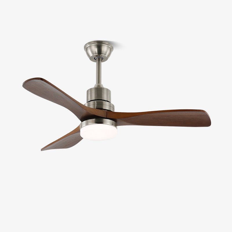 Ventilatore da soffitto Kaelen moderno in legno con luce, in un ambiente soggiorno moderno