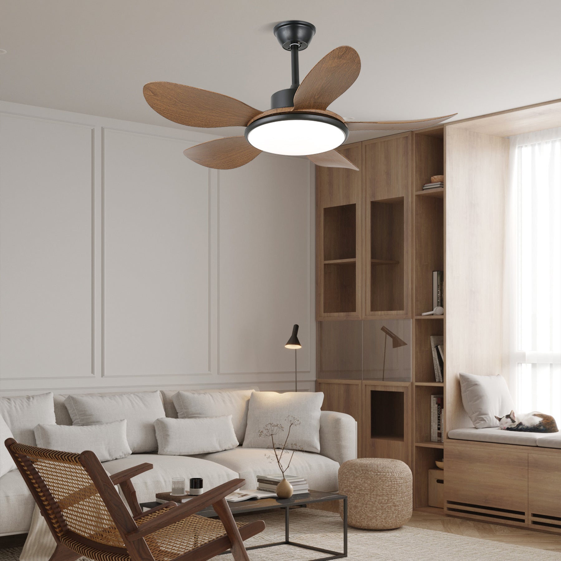 Ventilatore da Soffitto con Luce Tirenor in Legno, Modello A, Dia 126cm