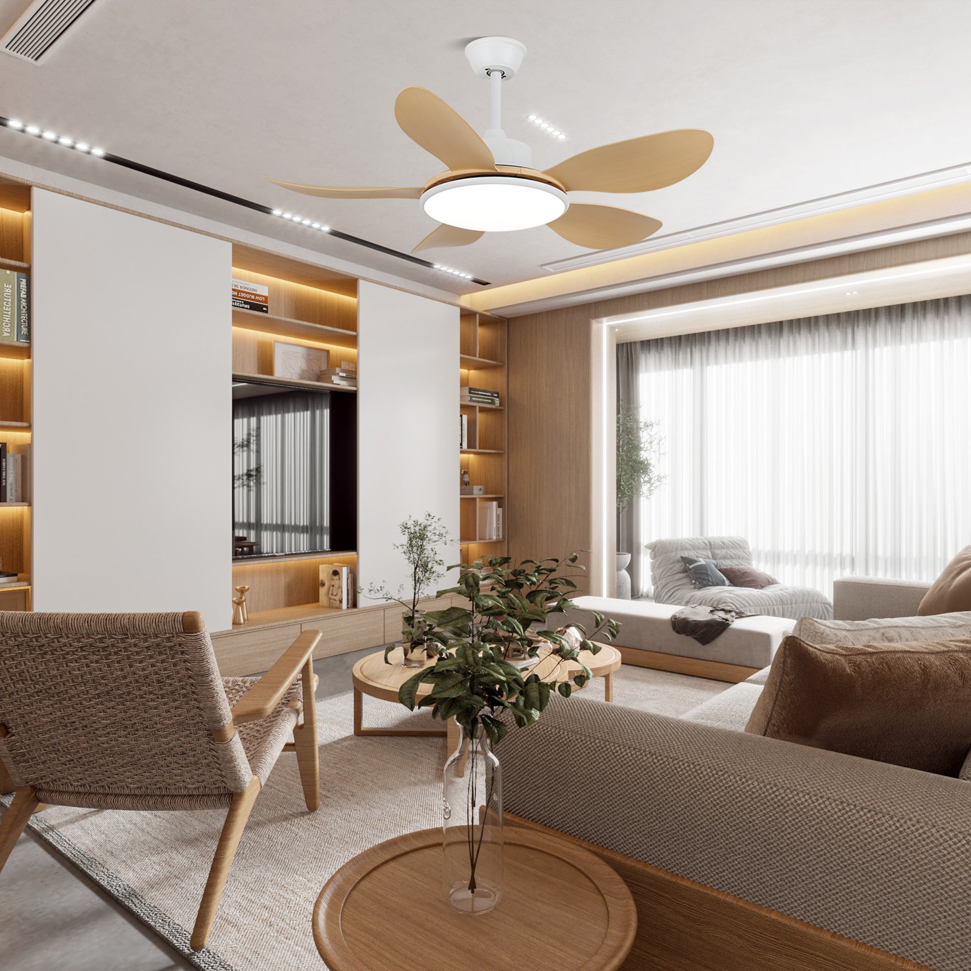 Ventilatore da Soffitto con Luce Tirenor in Legno, Modello A, Dia 132cm