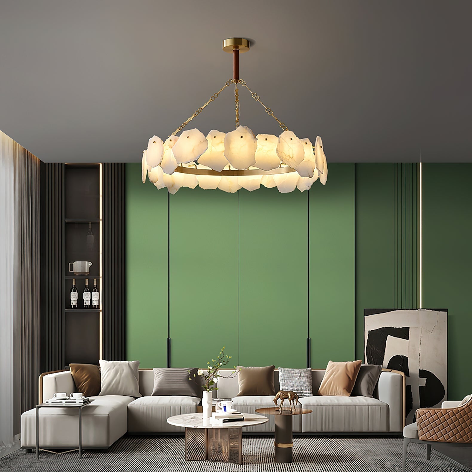 Alora Postmodern Luxury Round Brass Marble Chandelier - Lamp Copper