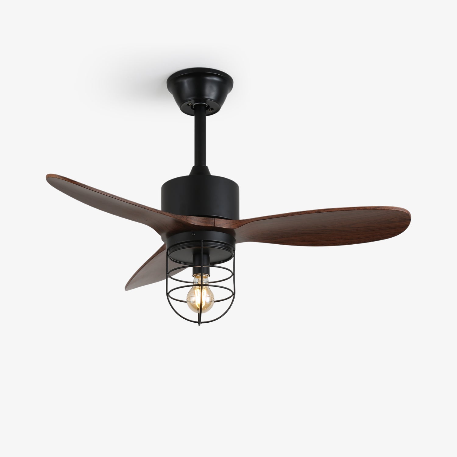 Ventilatore da soffitto industriale in legno Brisora con luce, vista frontale