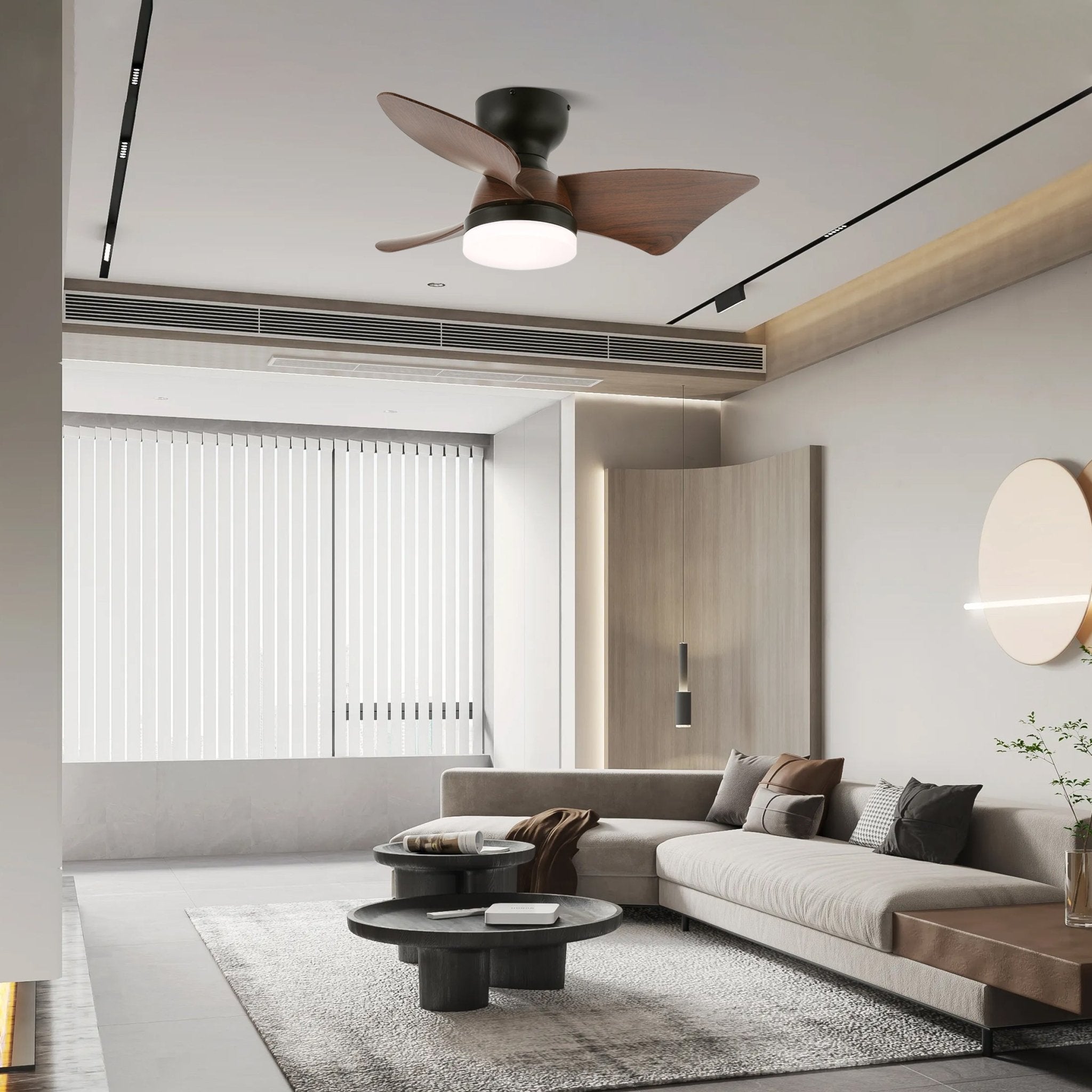 Ventilatore da soffitto con luce Mirella che mostra le pale in ABS con venatura del legno