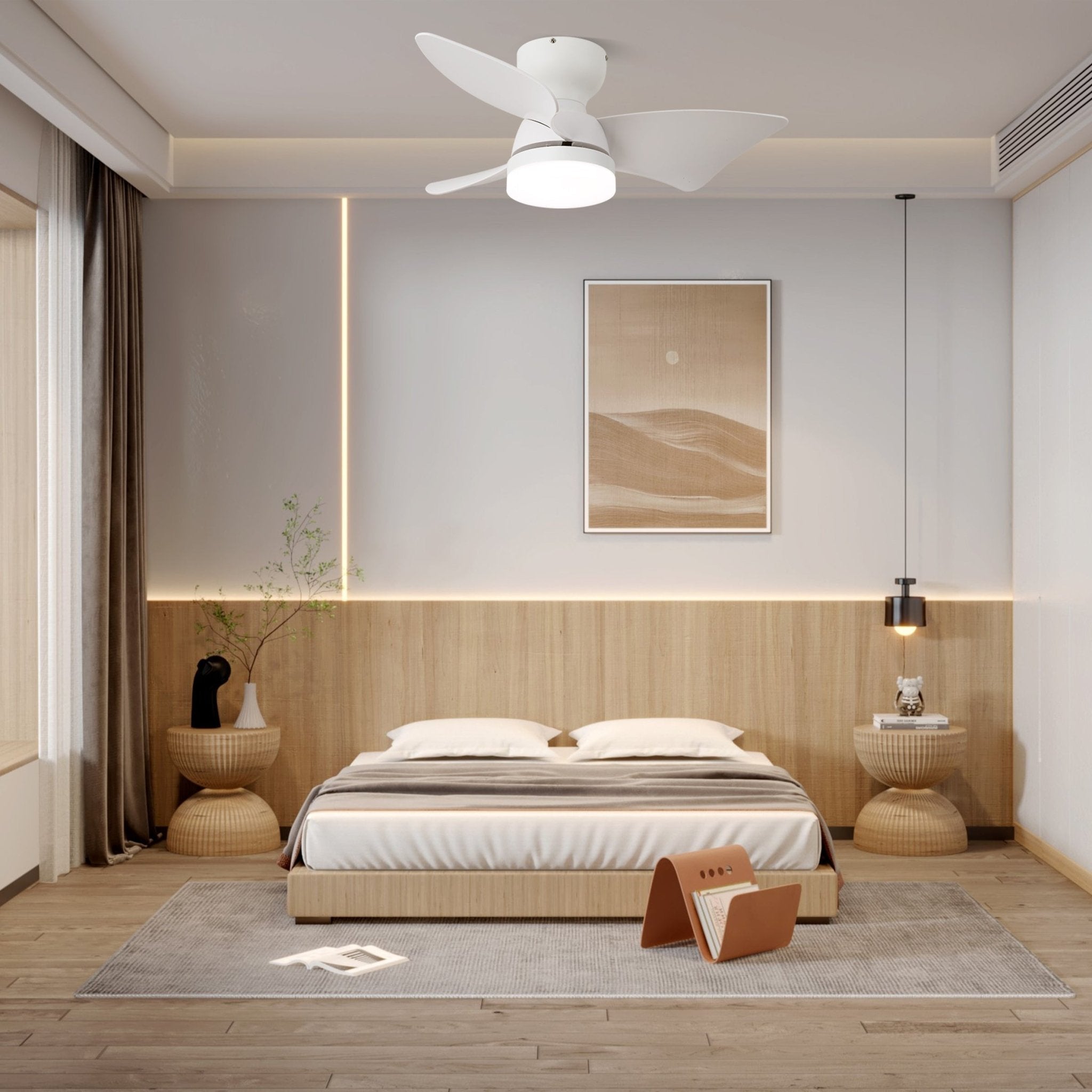Ventilatore da soffitto con luce Mirella installato in un ambiente soggiorno