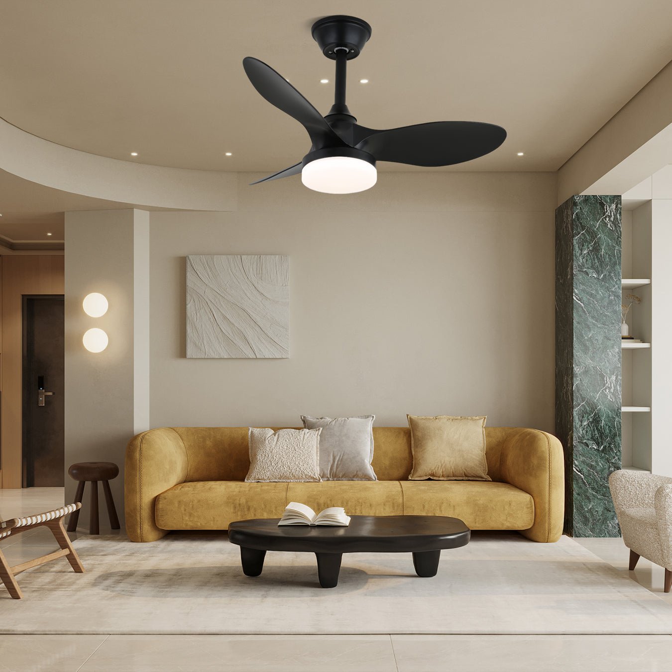 Ventilatore da soffitto moderno Aelric con luce che mostra il suo design elegante
