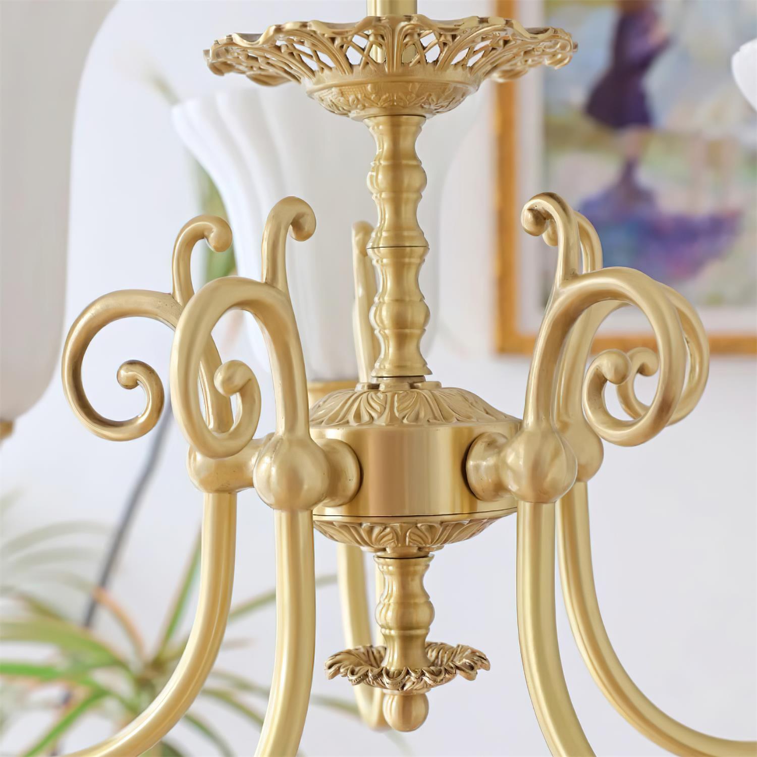 Chandelier with Brass Arms White Glass Shades Opulent Luxe - Letslighting