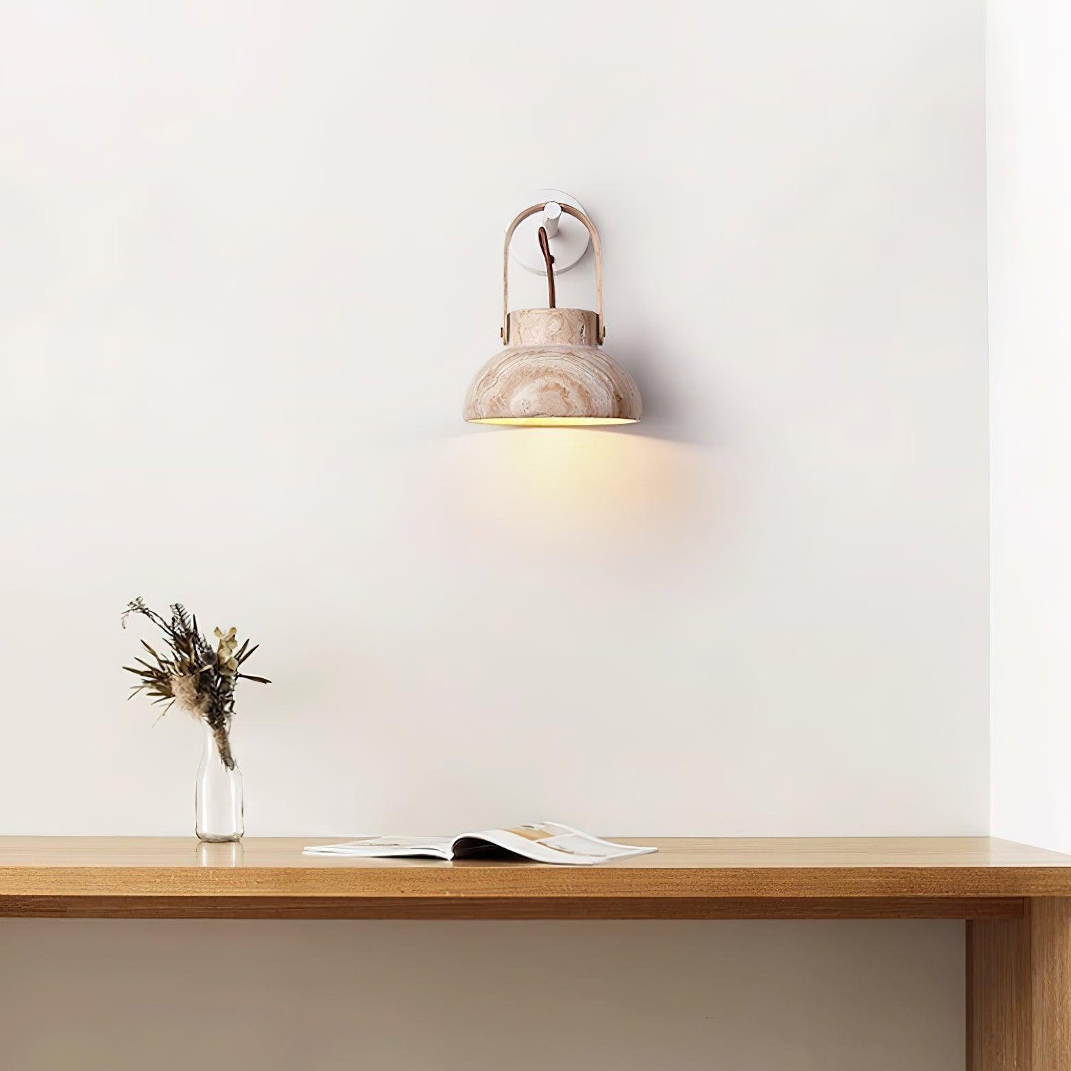 Wall Lamp Metal Body Wood Strap Travertine Shade Minimalist - Letslighting