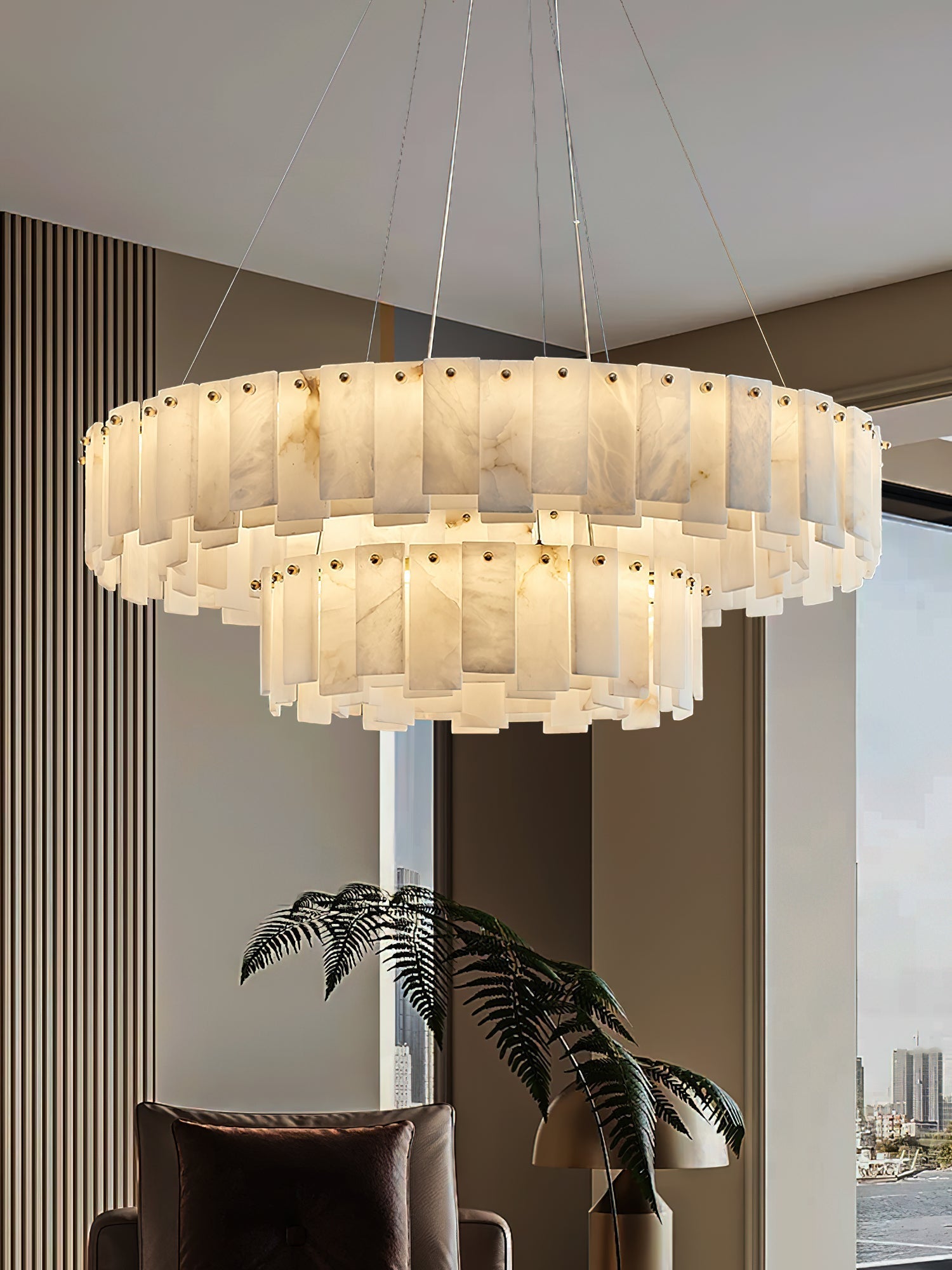 Aero Postmodern Luxury Round Brass Alabaster Chandelier - Lamp Copper