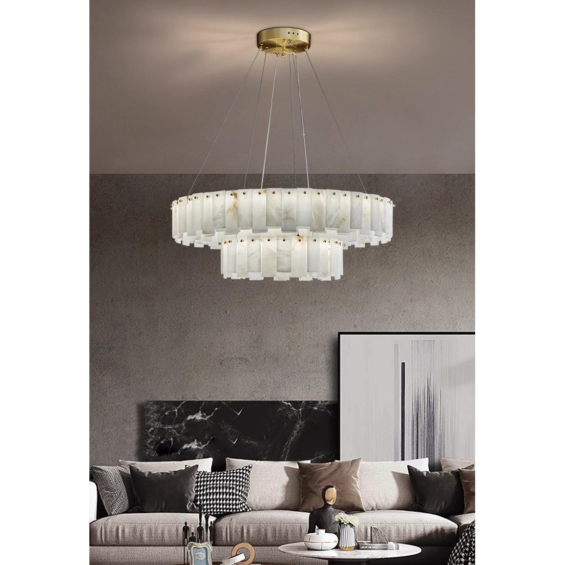 Aero Postmodern Luxury Round Brass Alabaster Chandelier - Lamp Copper