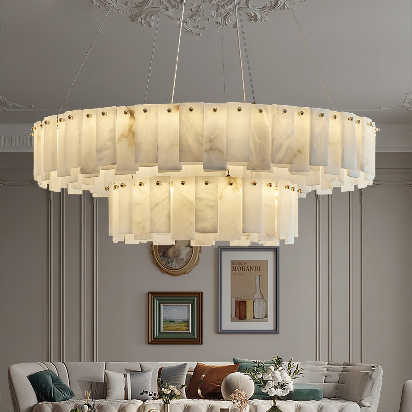 Aero Postmodern Luxury Round Brass Alabaster Chandelier - Lamp Copper