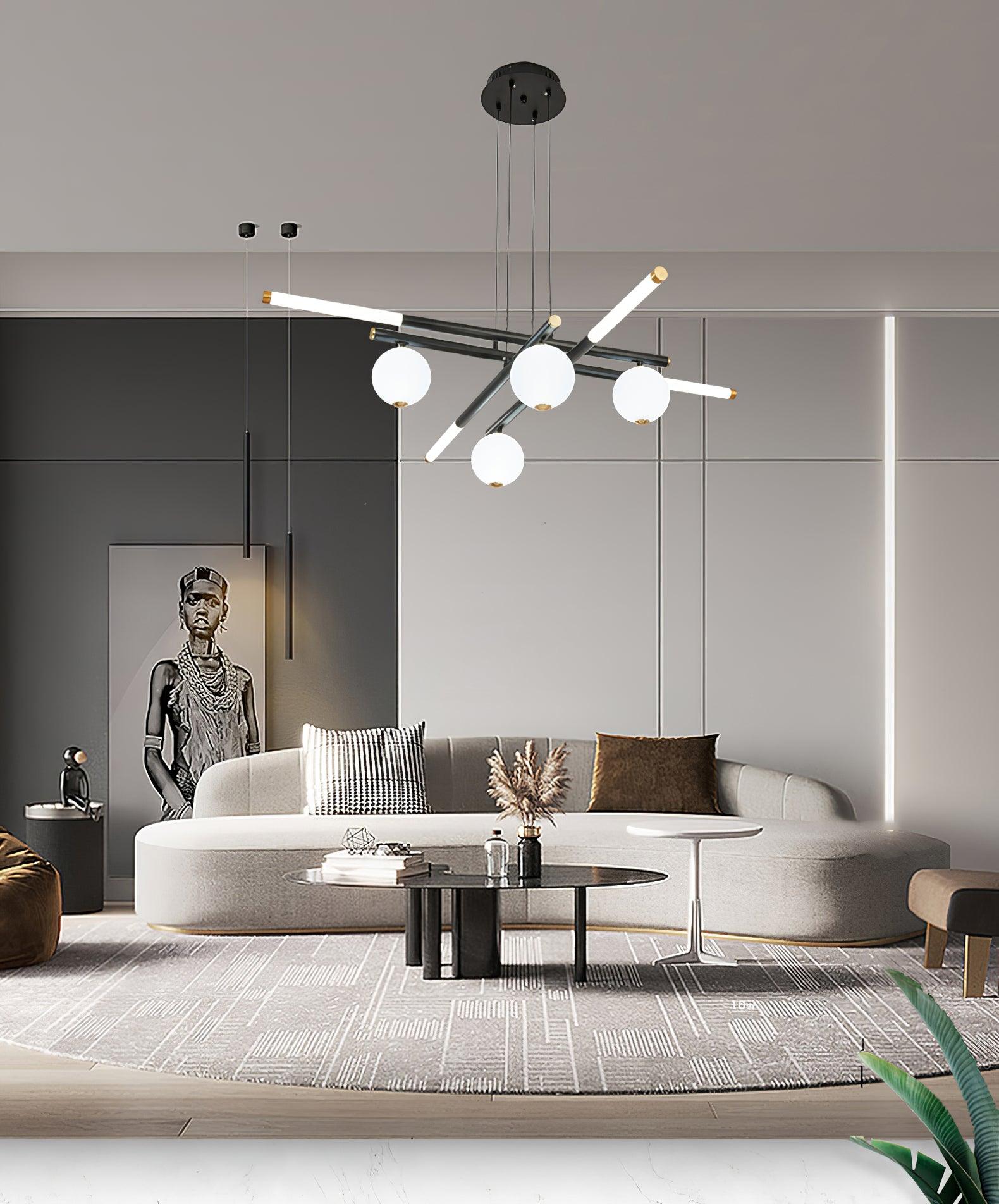 Chandelier Black White Rods and Globe Modern - Blowlighting