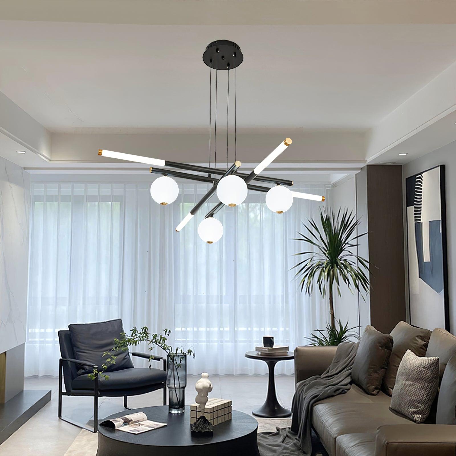 Chandelier Black White Rods and Globe Modern - Blowlighting