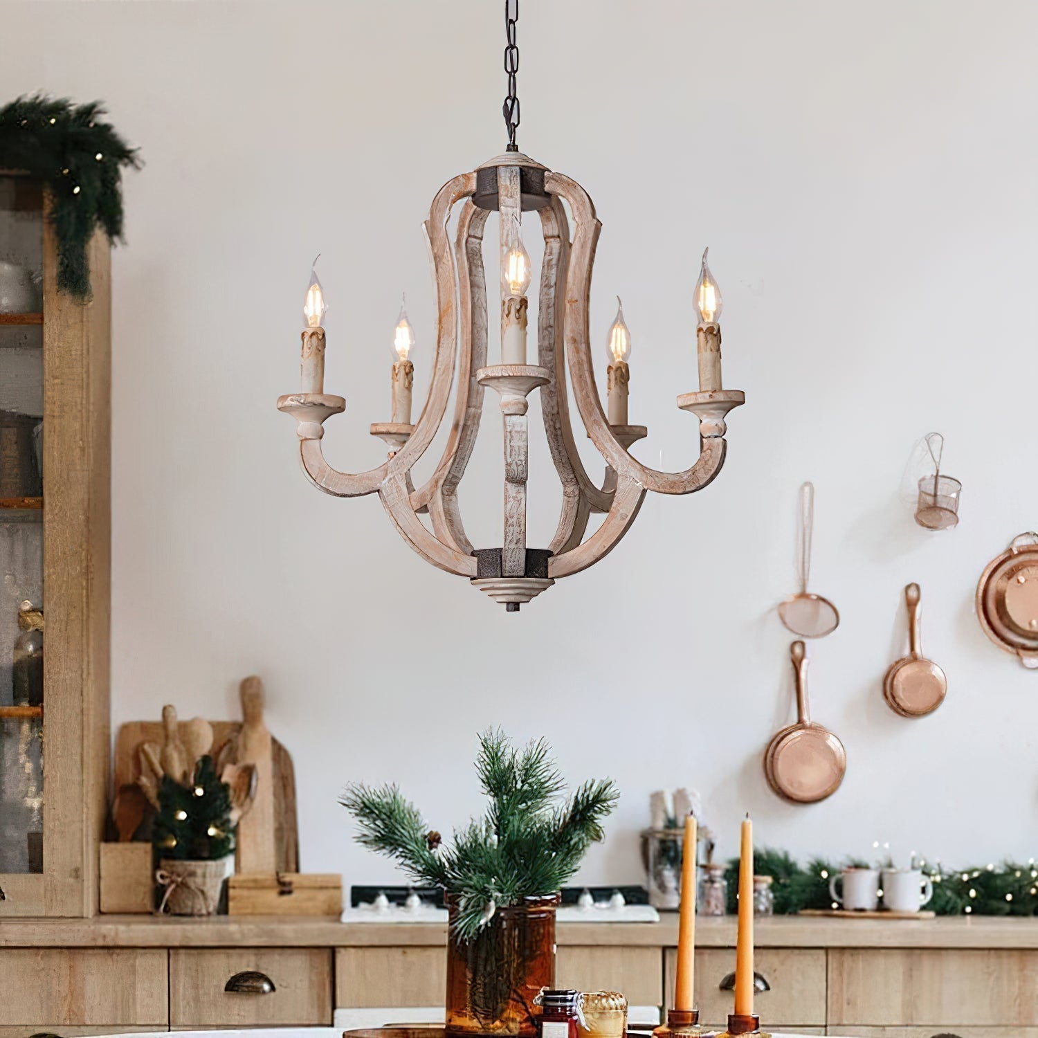Myraean Vintage Industrial Hand-carved Wooden Chandelier - Lamp Copper