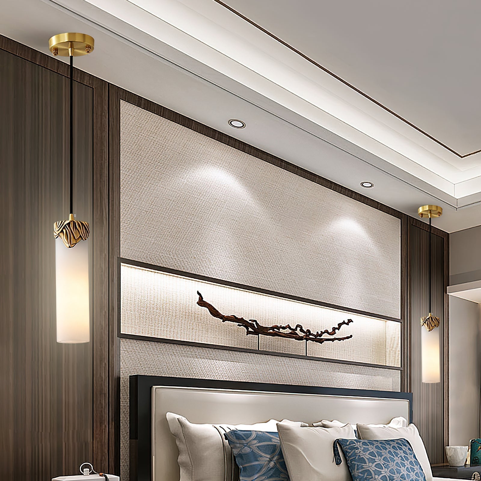 Quiver Modern Minimalist Brass Alabaster Pendant Light - Lamp Copper