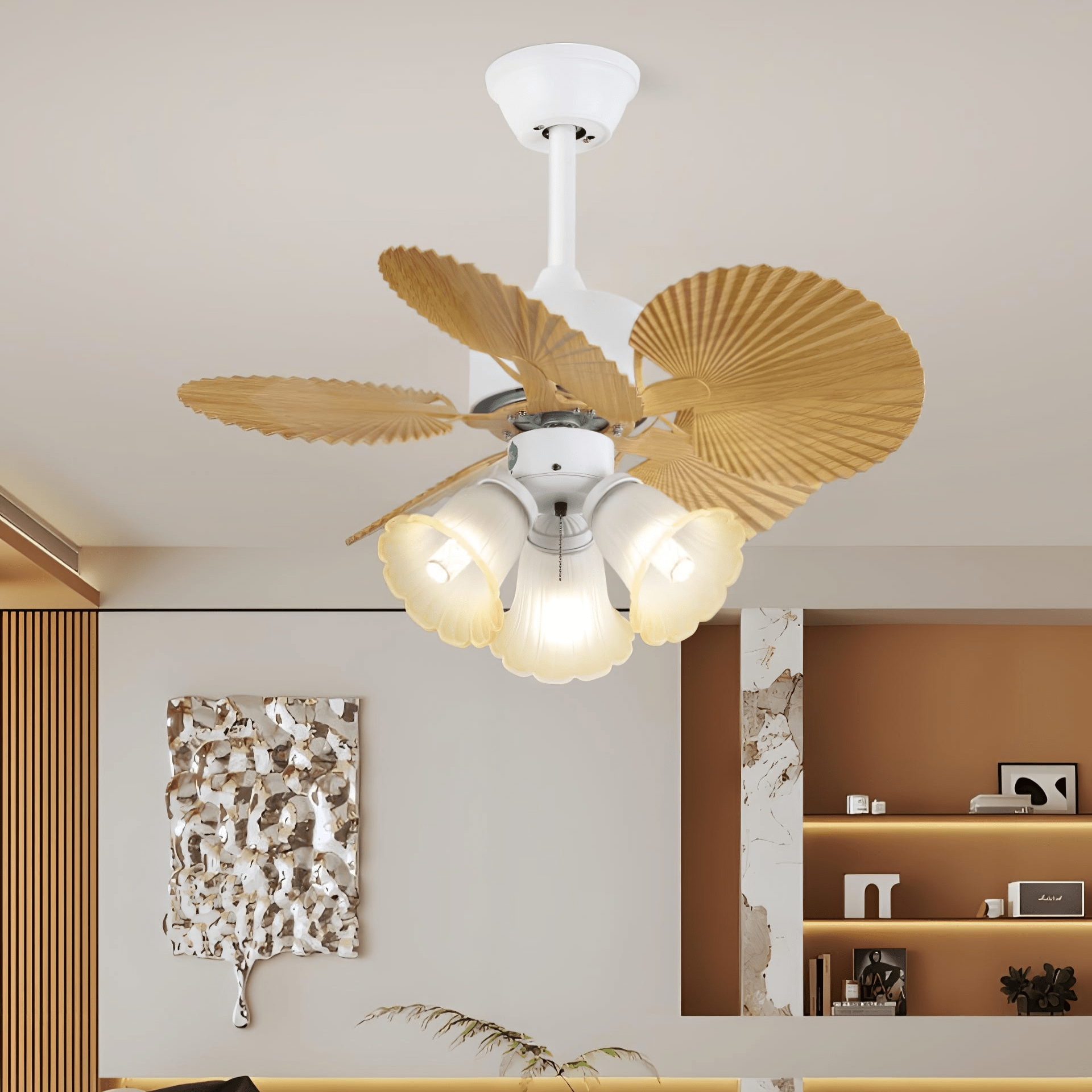 Ventilatore da soffitto Aurelia Vintage con luce in legno e vetro in un ambiente soggiorno moderno