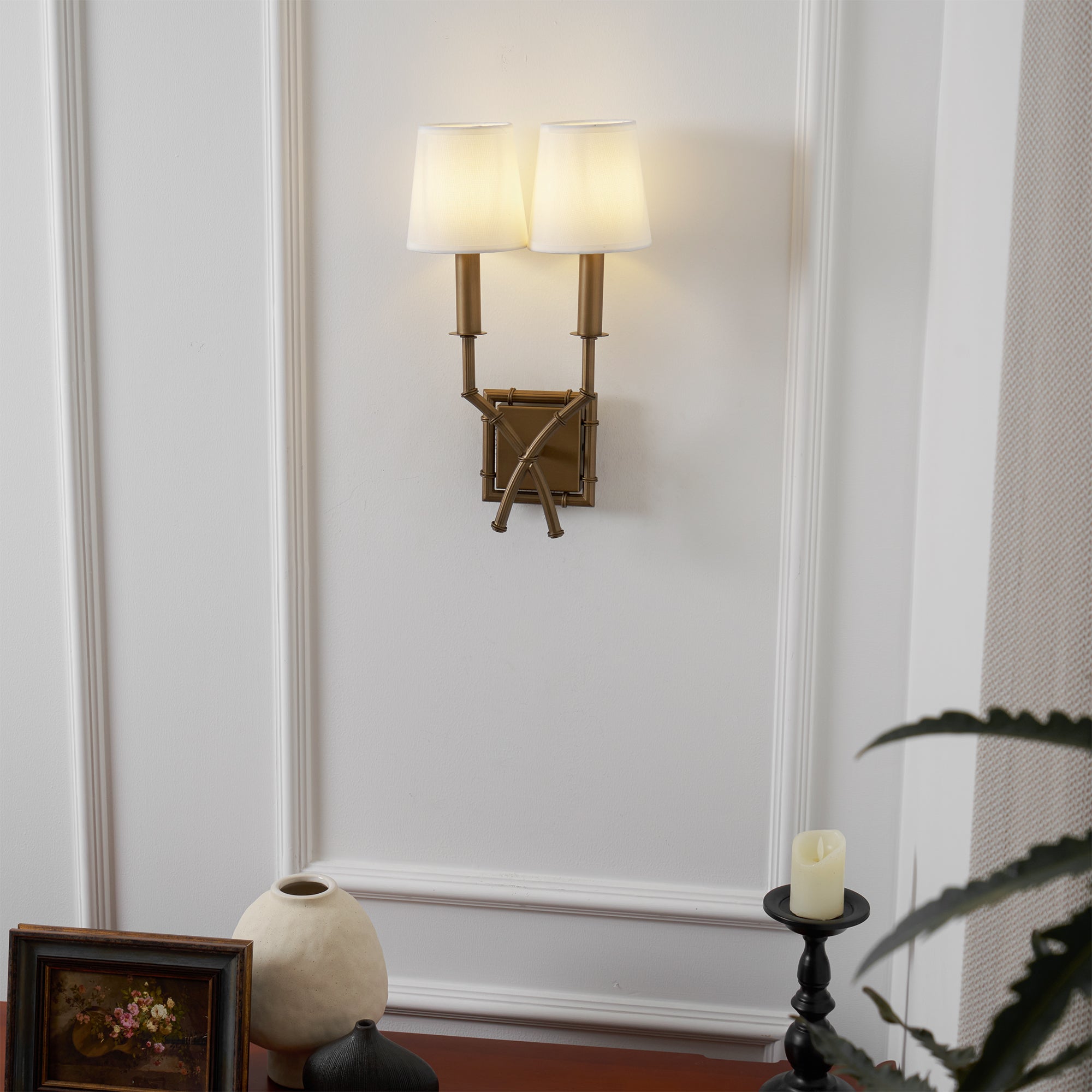 Yelp Vintage Industrial Double Arm Bamboo Fabric Sconce Wall Lamp - Lamp Copper