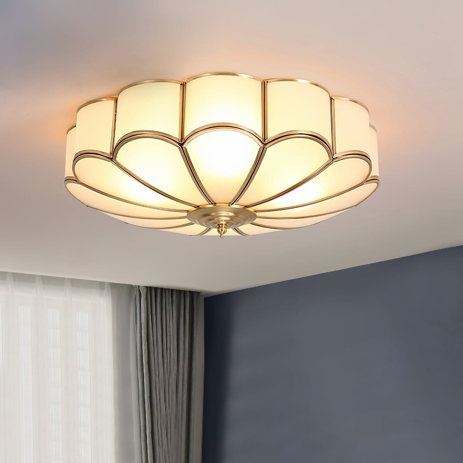 Tiffany Lampada da Soffitto a Forma di Fiore in Vetro Opaco e Ottone