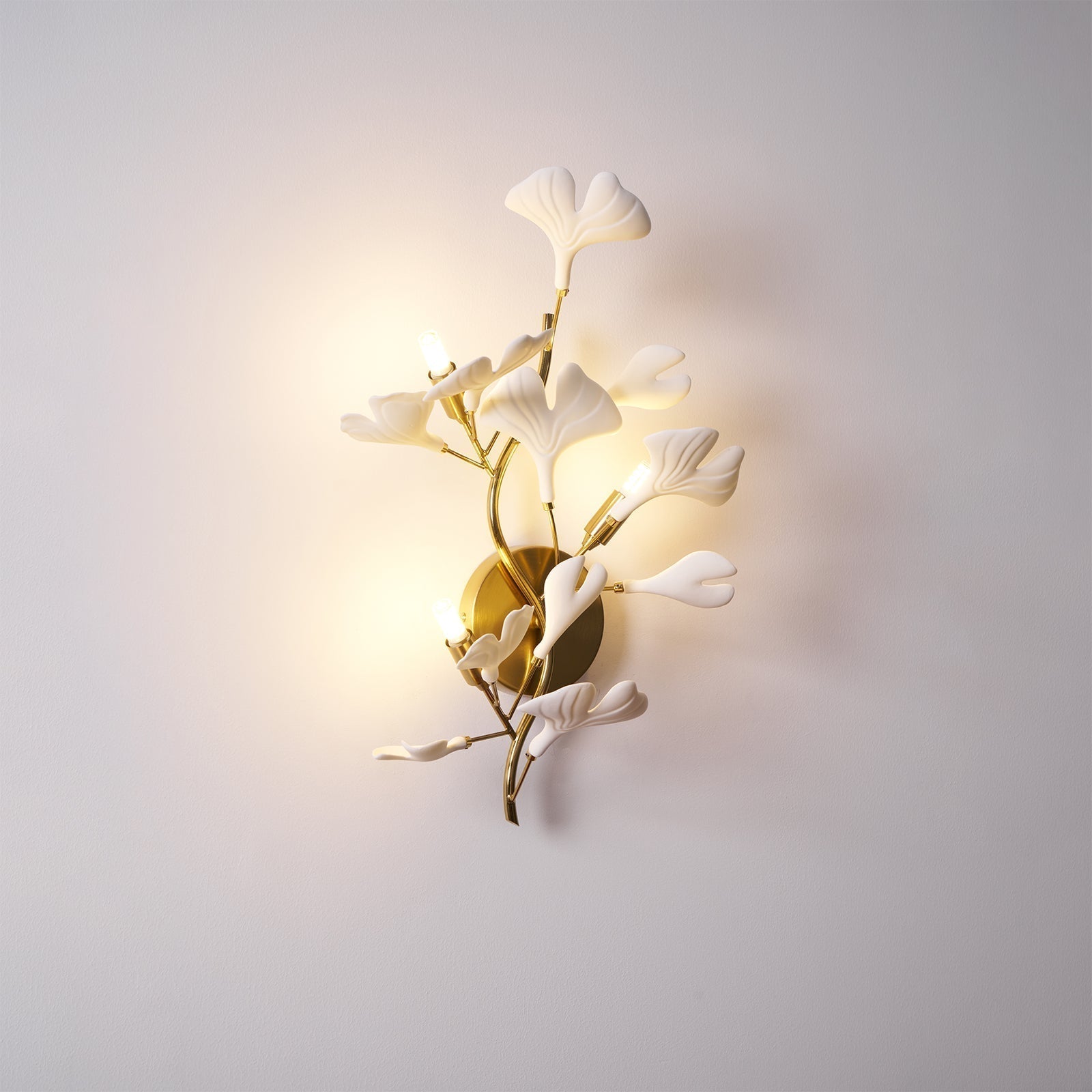 Wall Lamp Gingko Ceramic Petal Shades Gold Art Nouveau - Letslighting