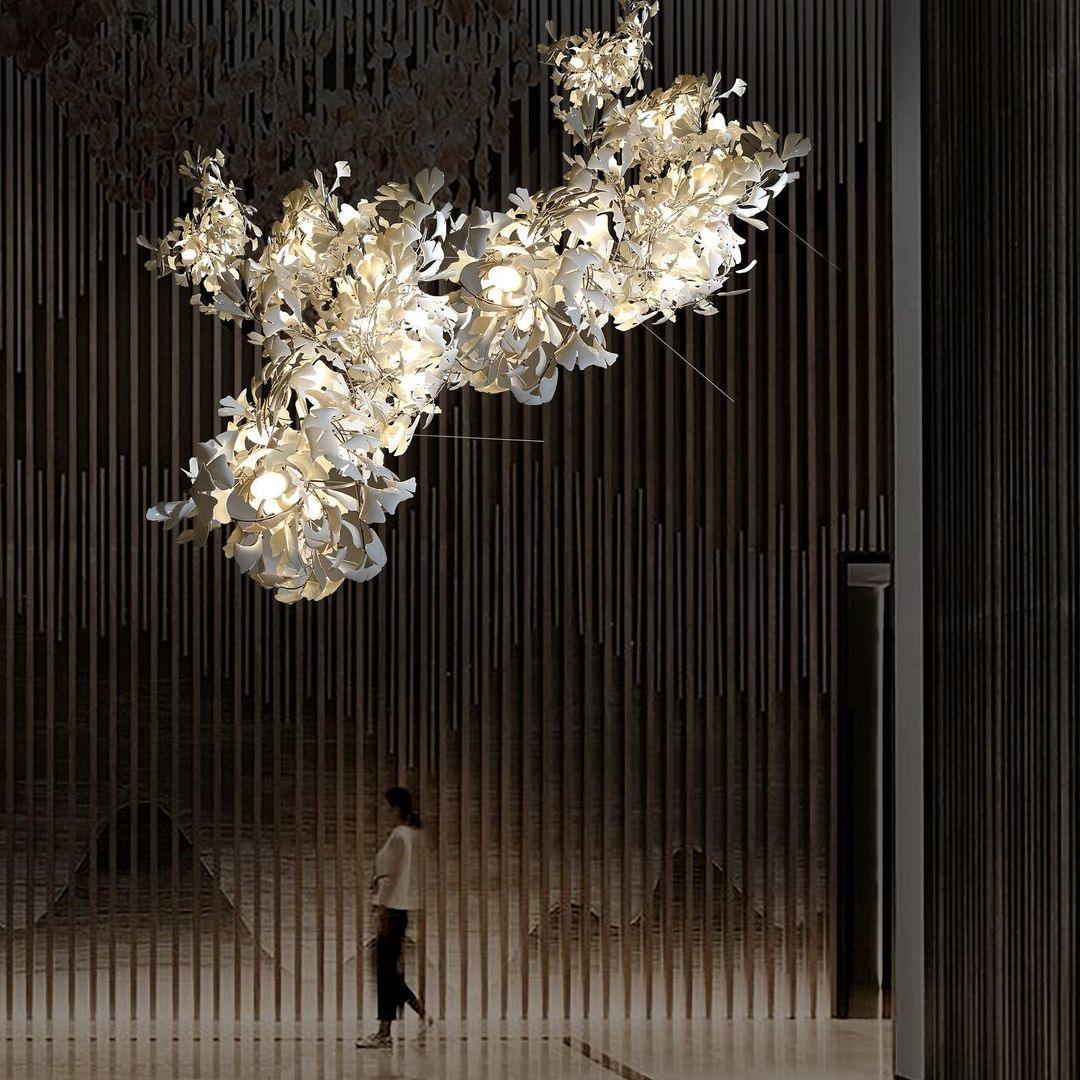 Chandelier Metal Frame Ceramic Gingko Leaf Shade White Gold Modern - Letslighting